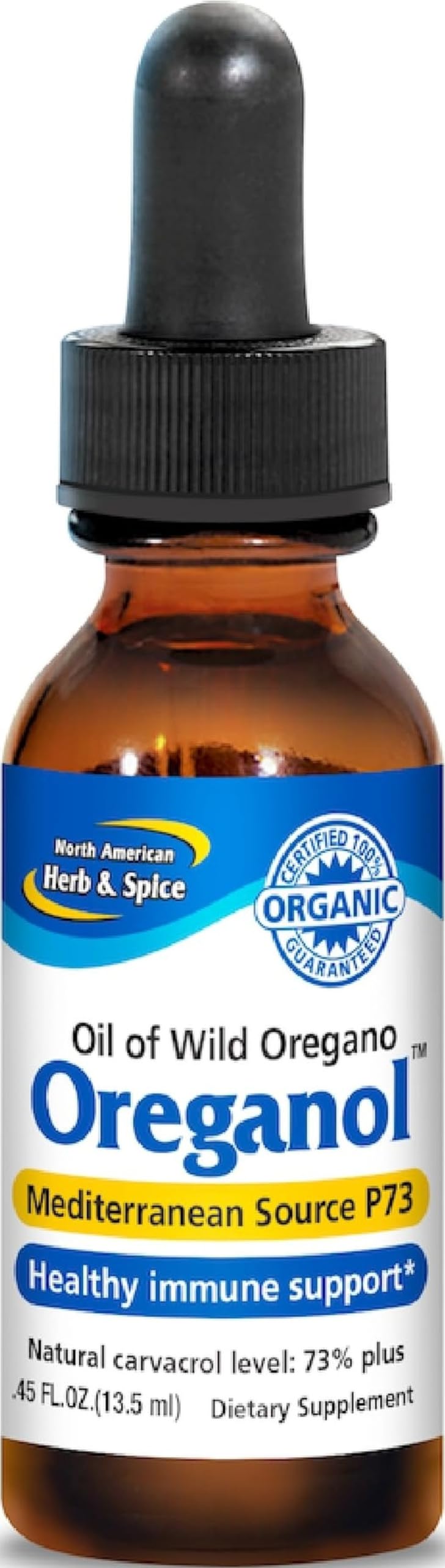 NORTH AMERICAN HERB & SPICE Oreganol - 0.45 fl. oz. - Unprocessed, Wild, Organic Oregano Oil - Mediterranean Source P73 - Non-GMO - 194 Servings 0.45 Fl Oz (Pack of 1)