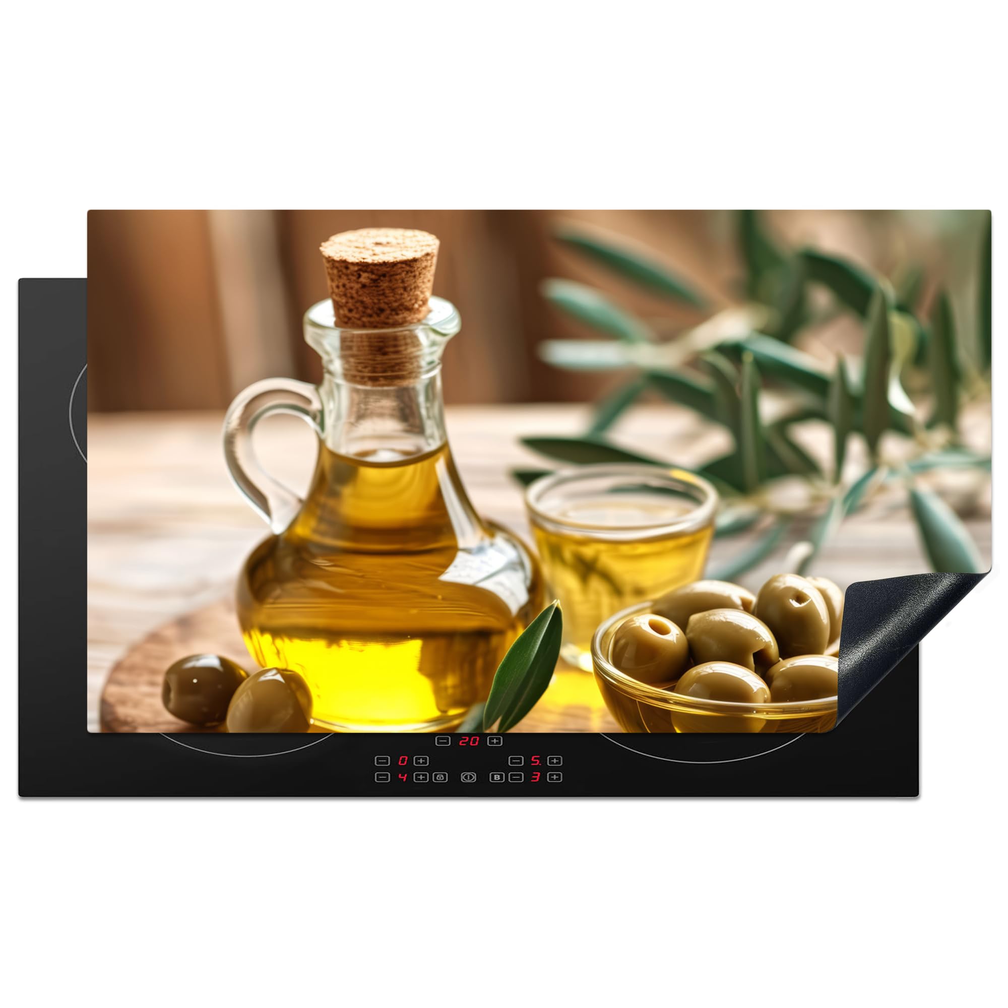 KitchenYeah© Induction Hob Protector Mat 20.5"x35.4" / 90x52 cm Stove Cap Top Cover Kitchen Cooker Covers for Electric Hobs Vinyl Olives - Shelf - Olive Oil - Leaves