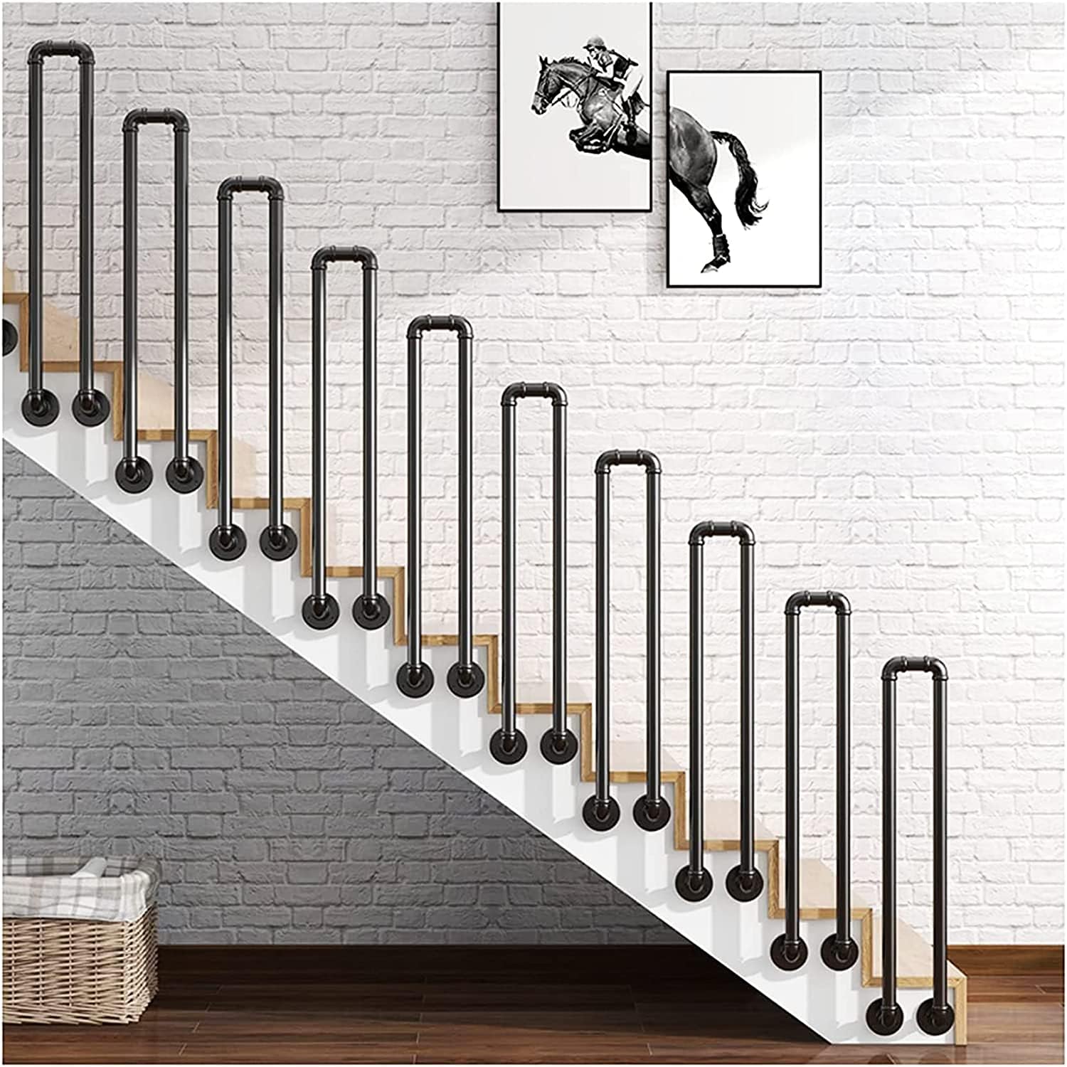 GLDYTVF Stairs Handrail Side Mount, U-Shaped Wrought Iron Stair Railing，Industrial Safety Hand Rail for Indoor Steps and Outdoor Garden Loft Corridor Support Rod(Size:95cm/3.1ft)