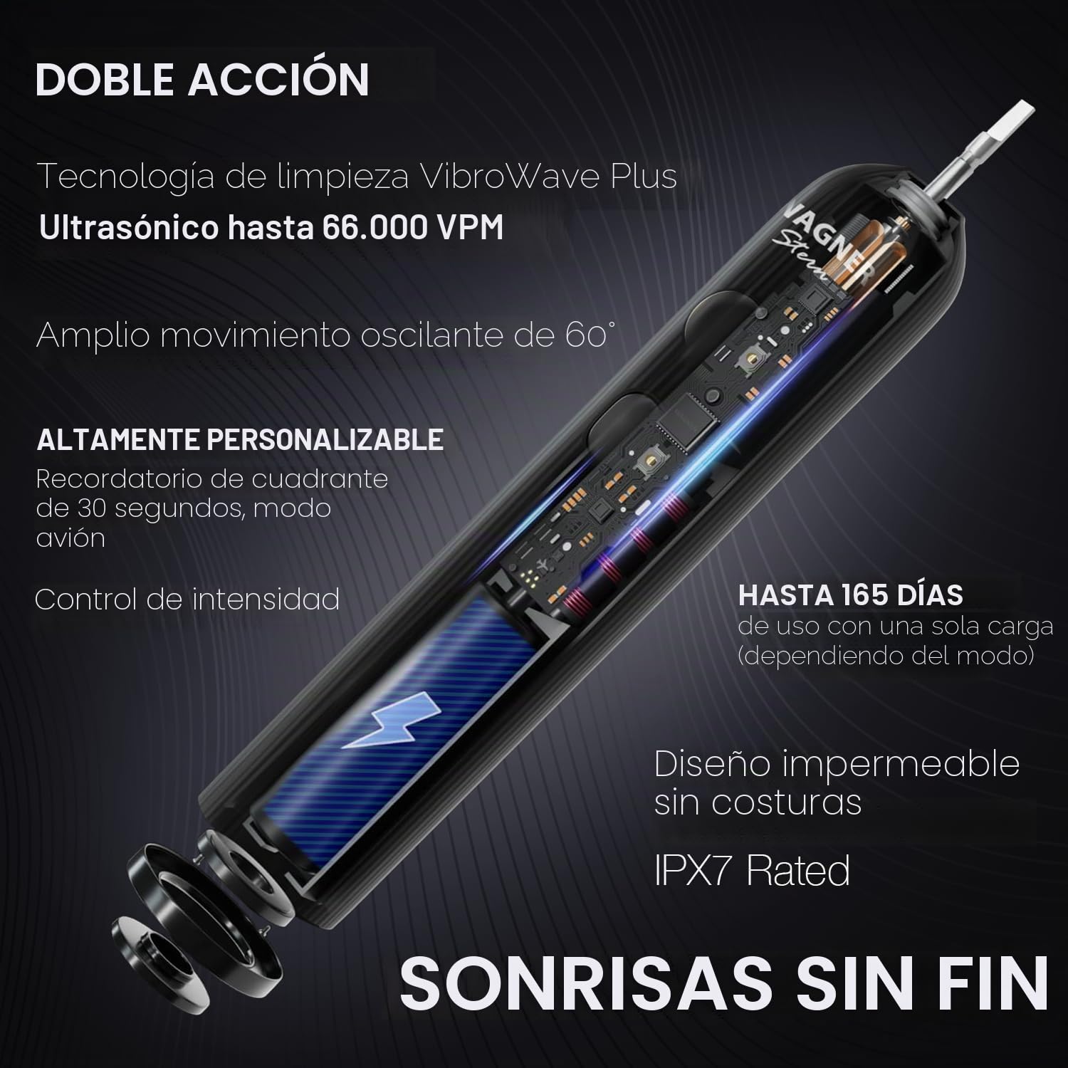 Wagner Stern VibroWave Plus - Cepillo de dientes eléctrico sónico con oscilación y vibración con 4 cabezales de cepillo. IPX7 resistente al agua.