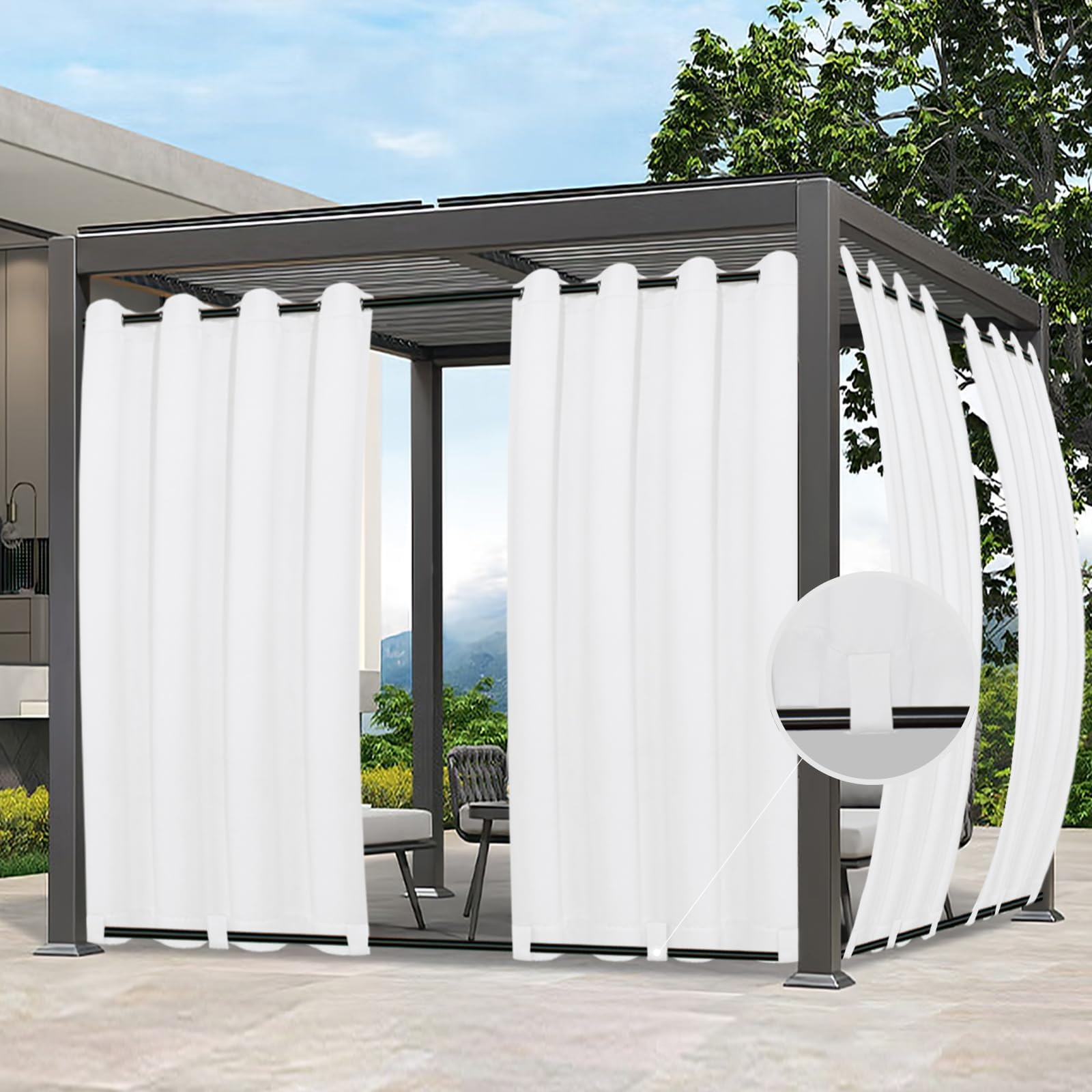Easy-Going Outdoor Curtains Waterproof Windproof Weatherproof Curtain for Patio, Cabana, Porch, Pergola and Gazebo, Grommet Top and Tab Bottom Drape, 1panel, 54x84 inch, White