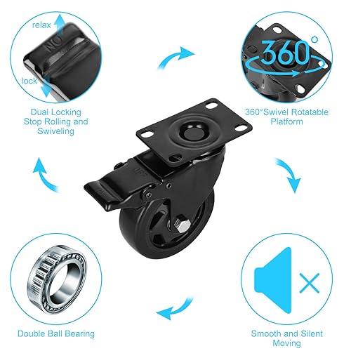 Miniatura 2 de PRITEK Ruedas giratorias de 4 pulgadas de carga de 1200 libras de goma resistentes, juego de 4 ruedas giratorias con freno de seguridad sin ruido