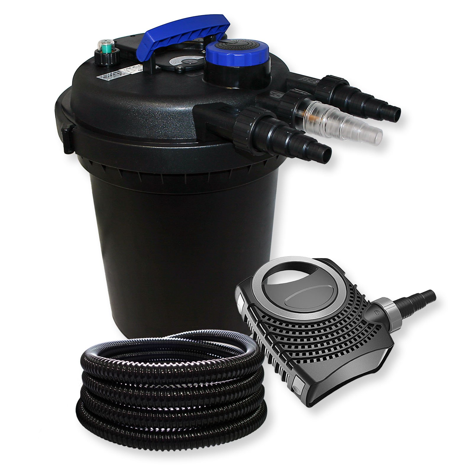 SunSun Kit complet: CPF-180 Filtre de bassin à pression jusqu’à 6000 L avec 11 Watt UV-C lampe uv, CTF-8000 SuperECO pompe de filtration 8000l/h 70W, 25m Tuyau 25 mm (1")