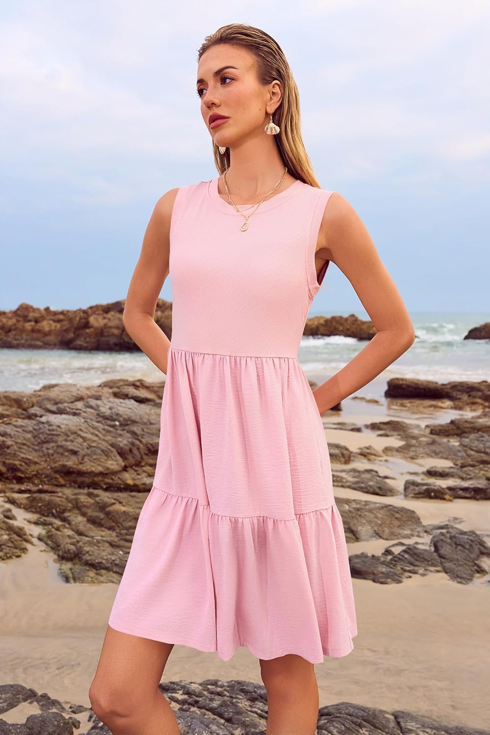 Women's Sleeveless Summer Mini Dress Tank Flowy Tiered Short A Line Sundresses Beach Vacation Dresses with Pockets - Image 4