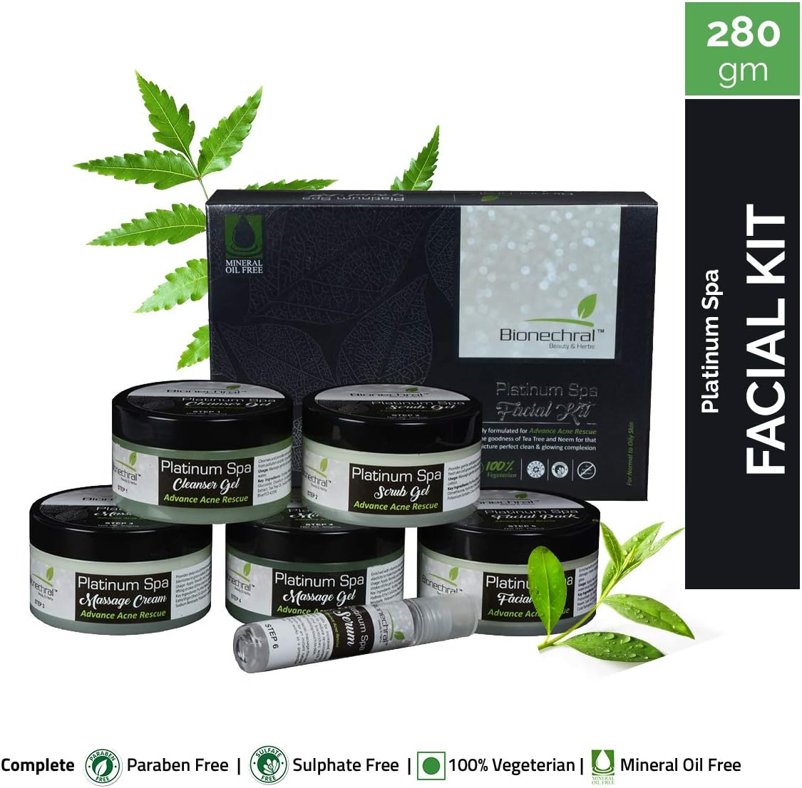 Bionechral Platinum Spa Facial Kit - for Oily Acne Prone Skin Formulated with Active Tea Tree Oil and Neem Leaf Extract - No Mineral Oils, Parabens and Sulphates (Pack of 6, 270g + 10ml Serum)