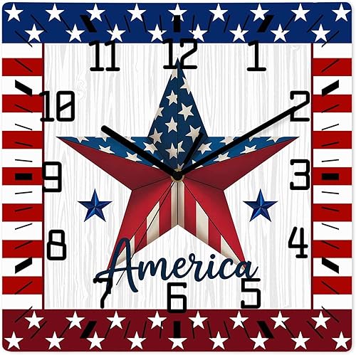 4th of July Wooden Wall Clock Silent Non Ticking, American Flag Star Independence Day Square Wall Clock Battery Operated, Decor Clock for Home