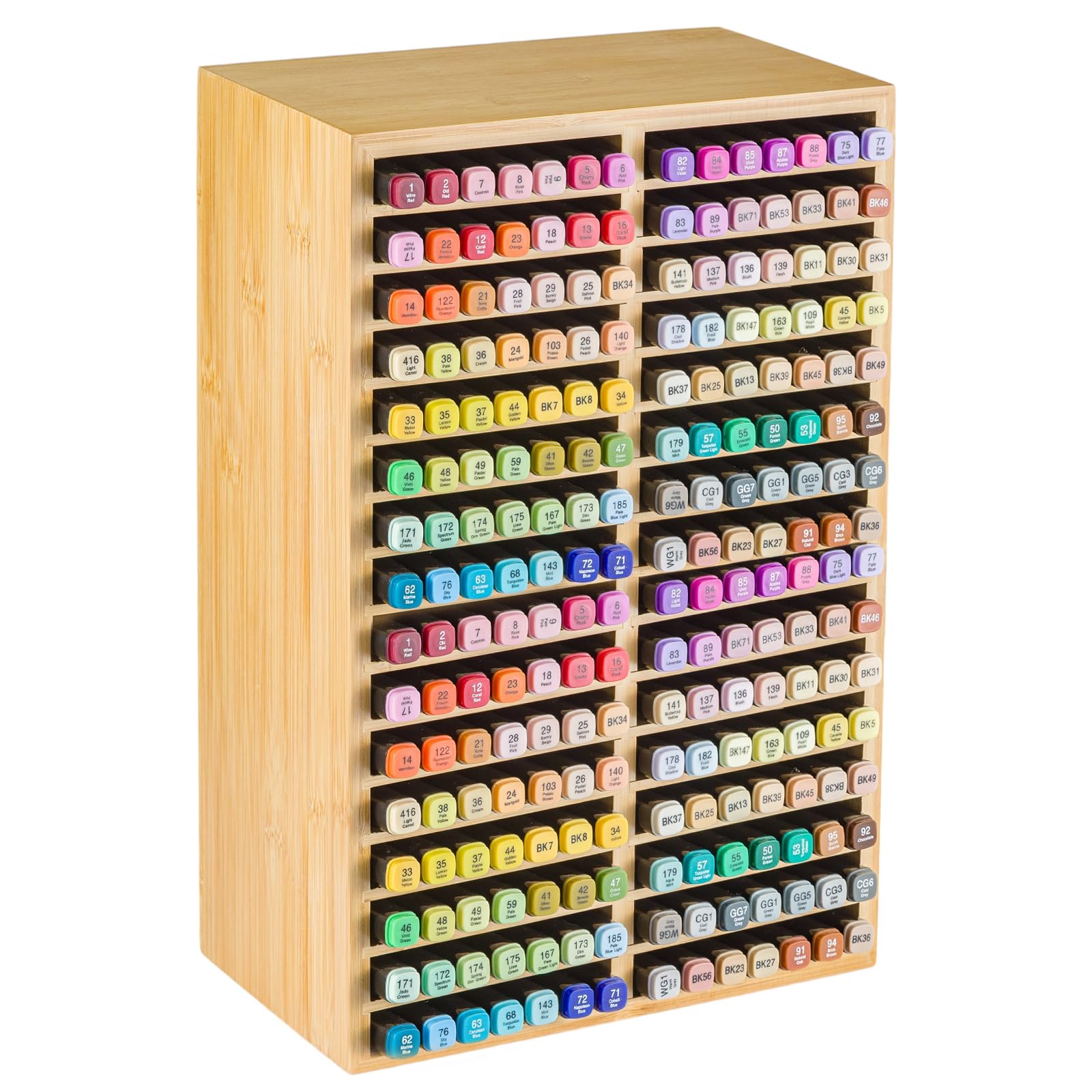 M.J COMFY-LIFE Bamboo Marker Organizer - 32 Compartment Desktop Storage Holds 224 Markers/Pens | Natural Wood Stationery Holder for Artists, Classroom & Office (224 Markers)