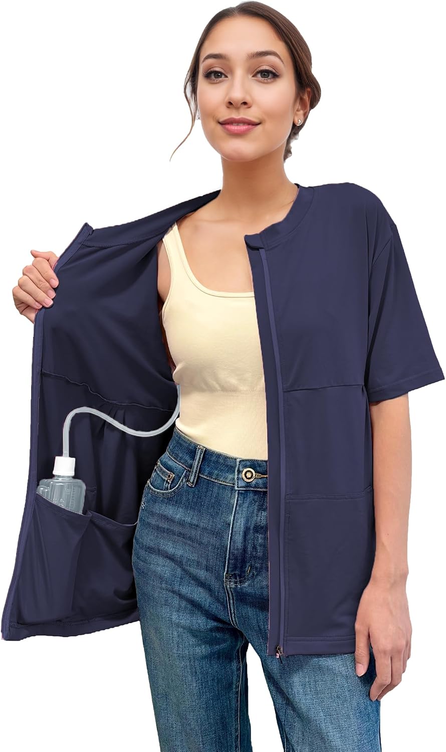 Youdiao Mastectomy Shirts with Drain Pockets Post-Surgery Must Haves Soft Full Front Zip-Up Short Sleeve Recovery Tops