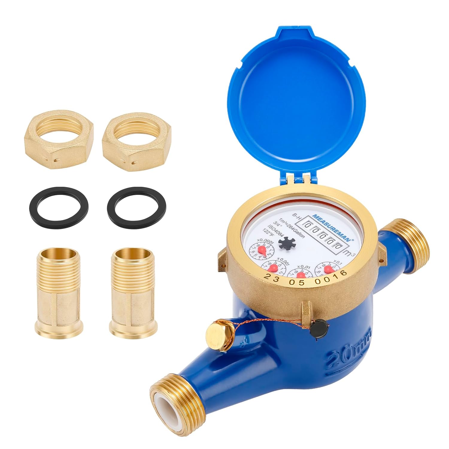 MEASUREMAN 3/4" Non-Pulsed Multi-Jet Cubic Meter Water Meter Brass Body 20mm Flow Cold Water Monitoring for Homes Apartments​