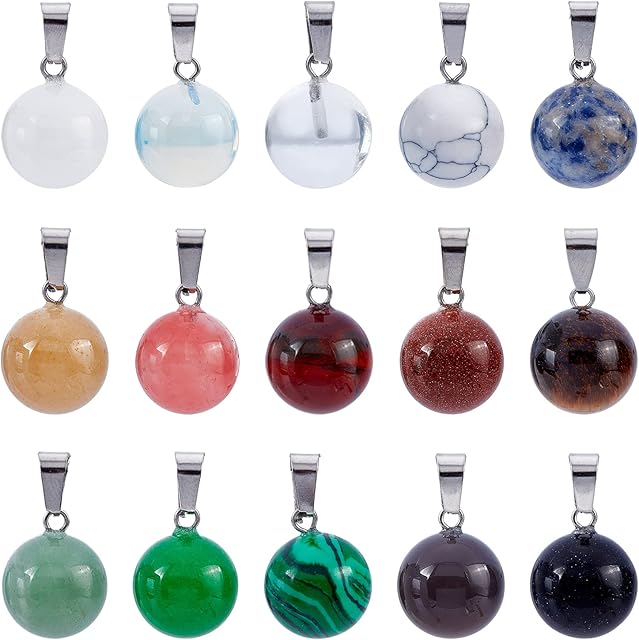 SUPERFINDINGS 15pcs Round Gemstone Pendants Quartz Stone Crystal Pendants 18x13mm Round Shaped Mixed Stone Pendants for Jewelry Making Craft
