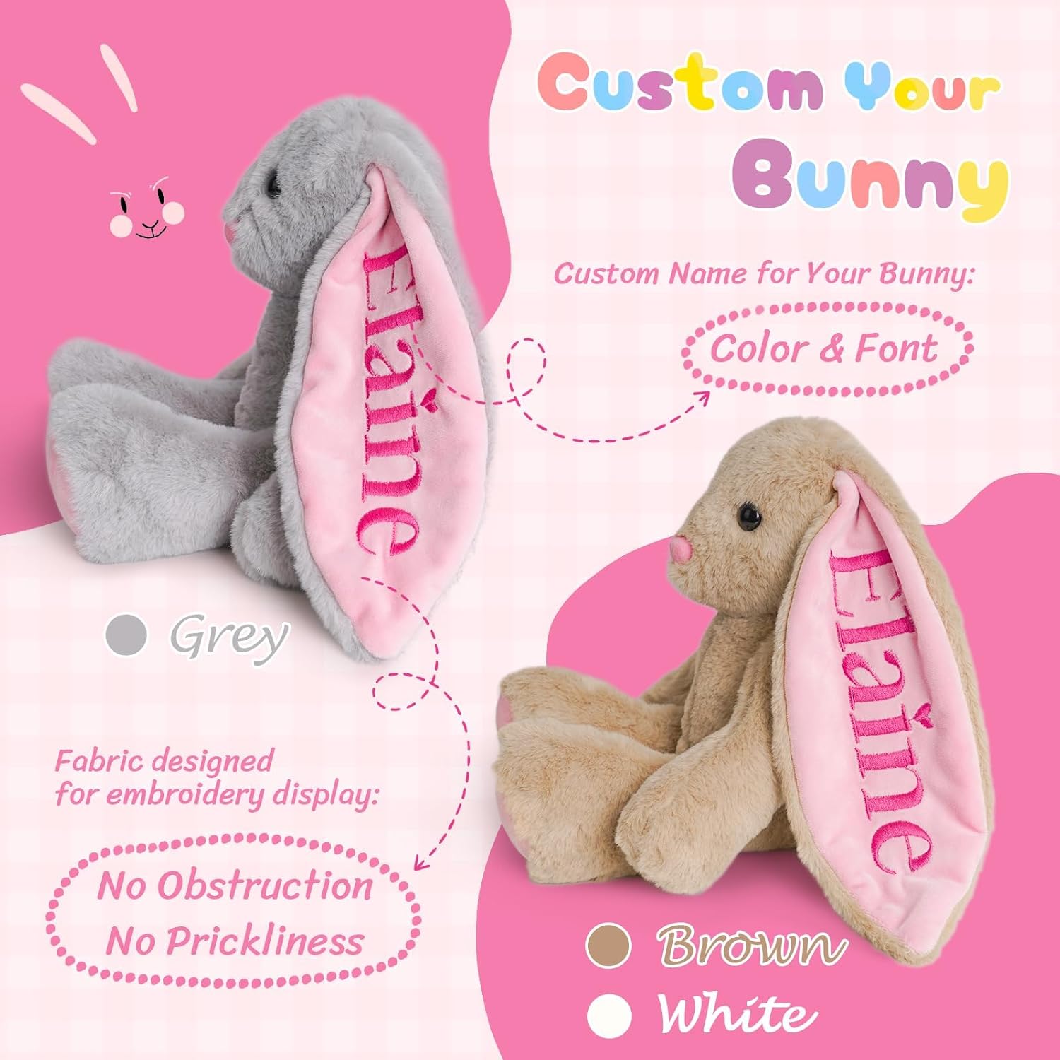 Custom Plush Bunny Toys with Child's Name, Embroidered Bunny Stuffed Animals | Easter Basket Stuffers for Kids, Personalized Birthday Gift for Baby Girls Boys (Grey)