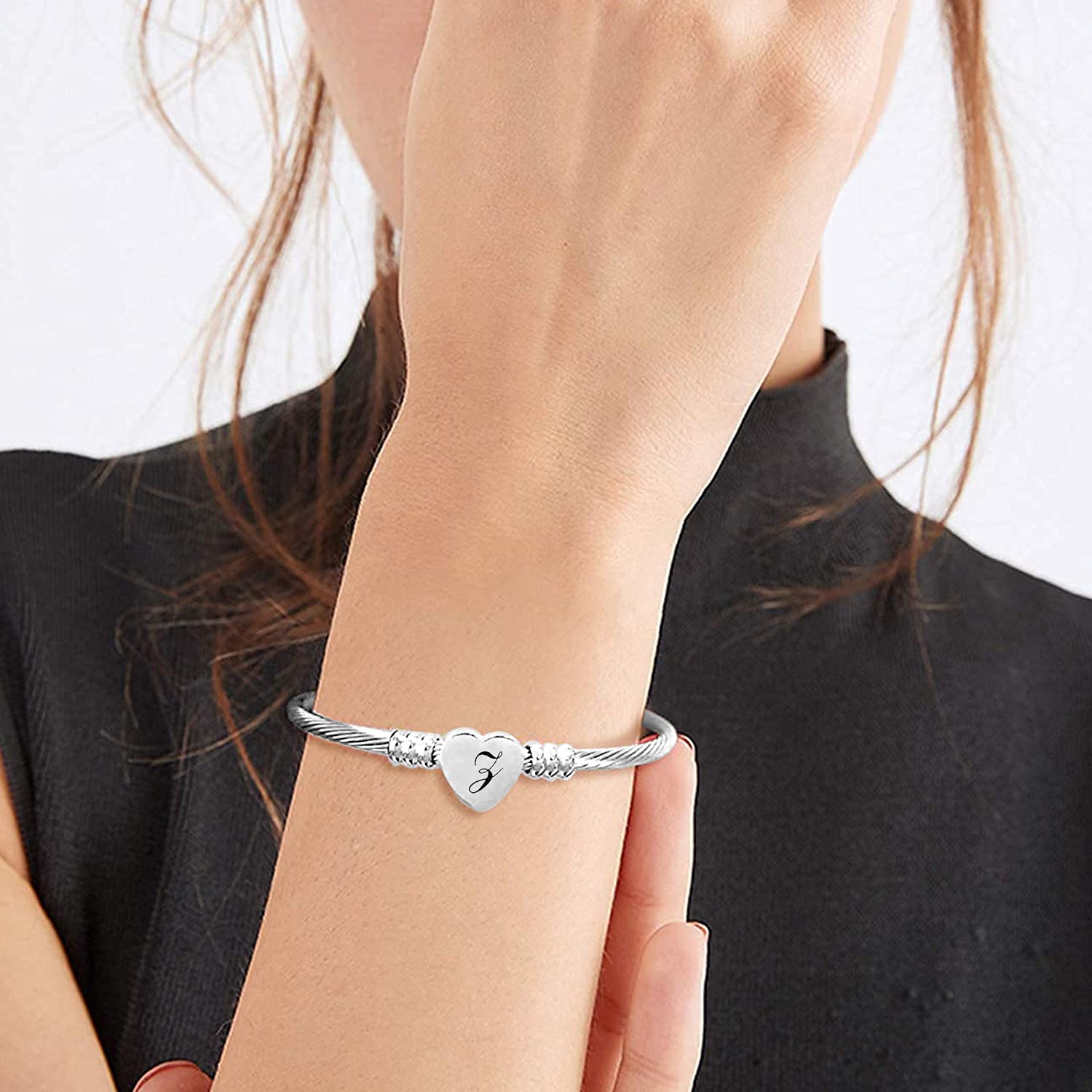 AURSTORE Bracciale a cavo da 20 cm, in acciaio inossidabile 316L, regolabile, personalizzabile con lettera A-Z, da donna, colore argentato