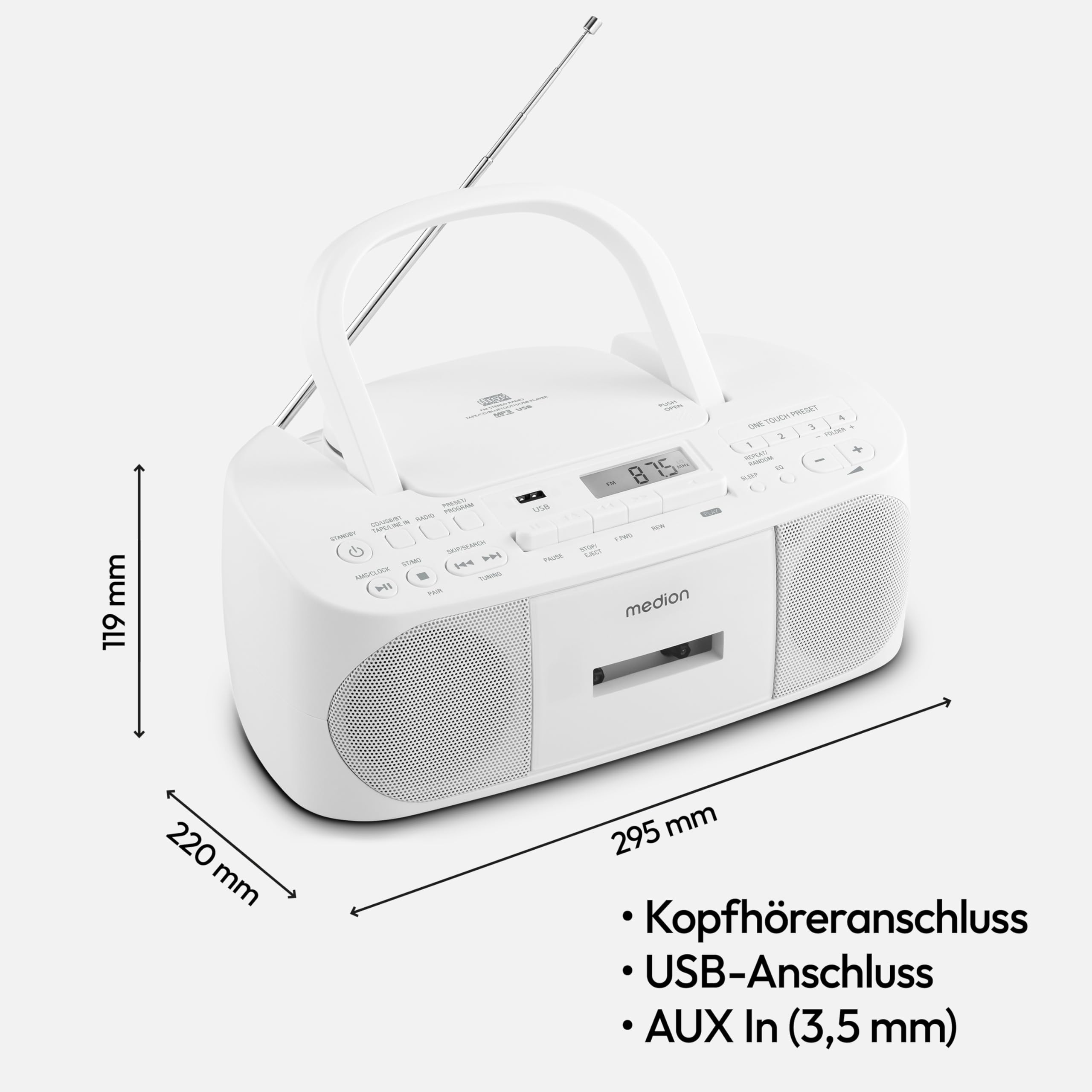 MEDION E65010 Stereoradio (CD-Player, Kassette, USB Anschluss, AUX Audioeingang, MP3-Widergabe. UKW PLL Radio,40 Senderspeicher, Batteriebetrieb, Fernbedienung) weiß