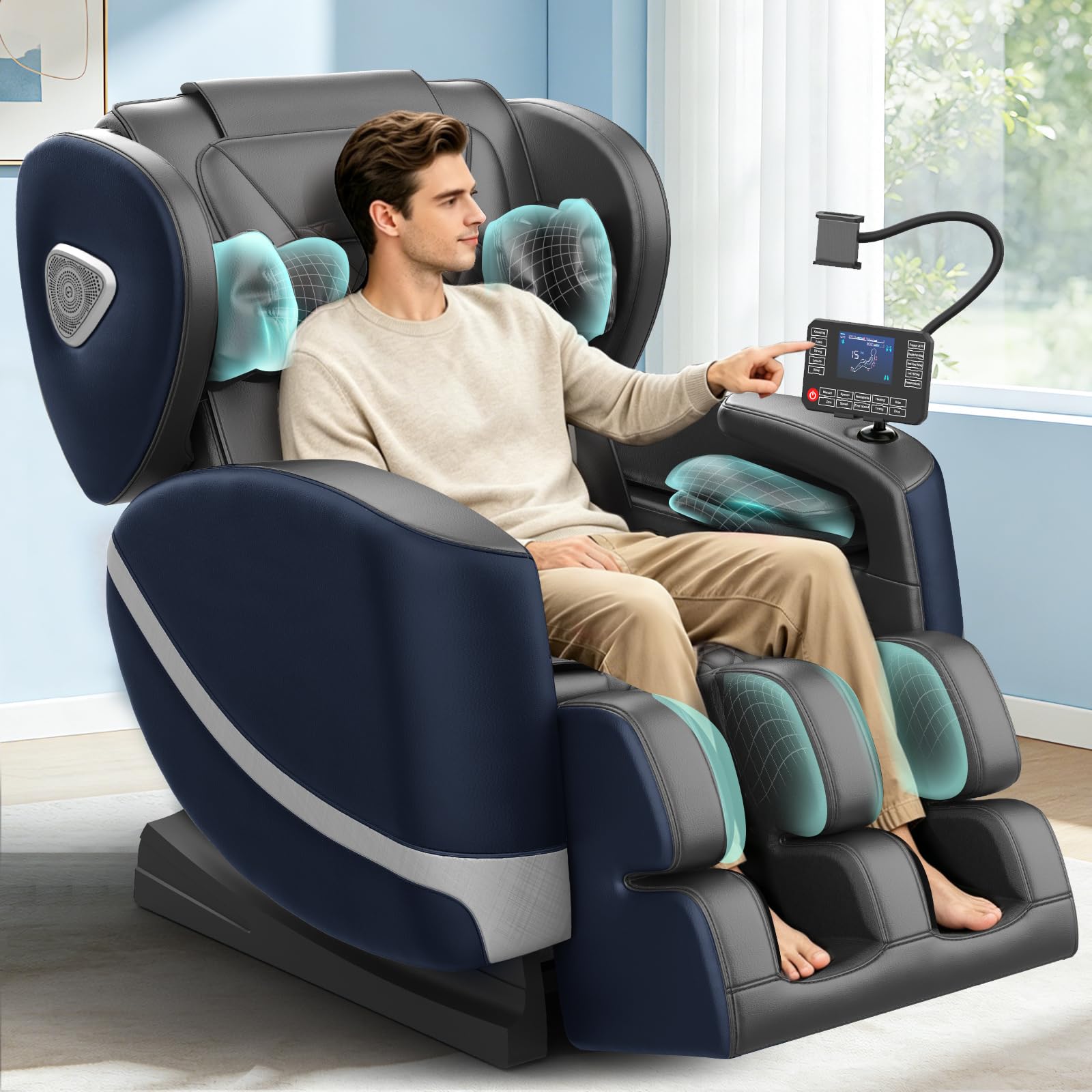 Poltrona Massaggiante per Tutto il Corpo con Rulli e Airbag, Funzione Zero Gravity, Altoparlanti Bluetooth e Touchscreen, Funzione Riscaldante per Vita e Gambe, con Massaggio Plantare (Blu + Grigio)
