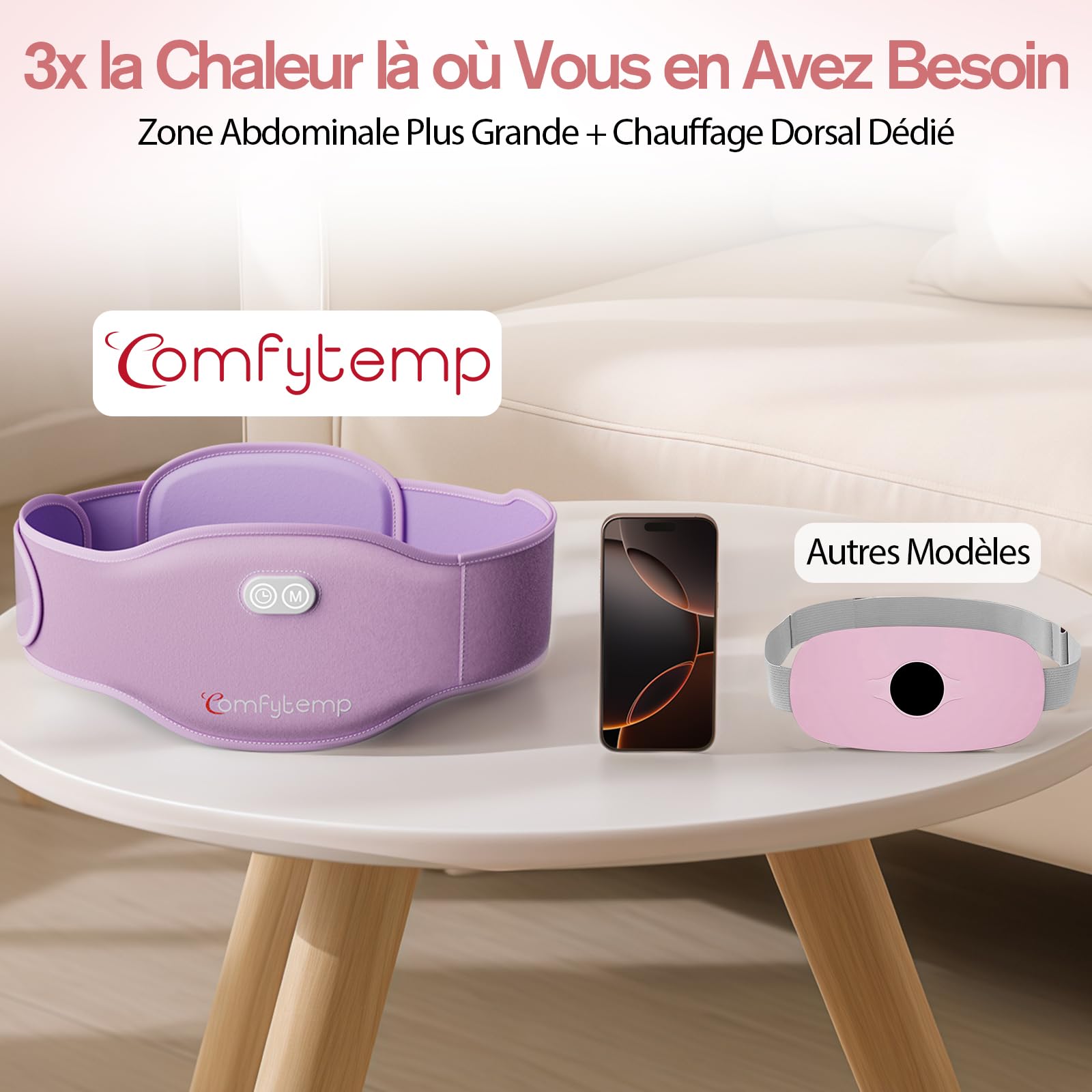 Comfytemp Ceinture Menstruelle Chauffante Grande Taille, avec 5000mAh, pour le Ventre et le Dos Pendant les Règles, 150x16cm, Ceinture Chauffage sans Fil, pour les Mères et les Femmes