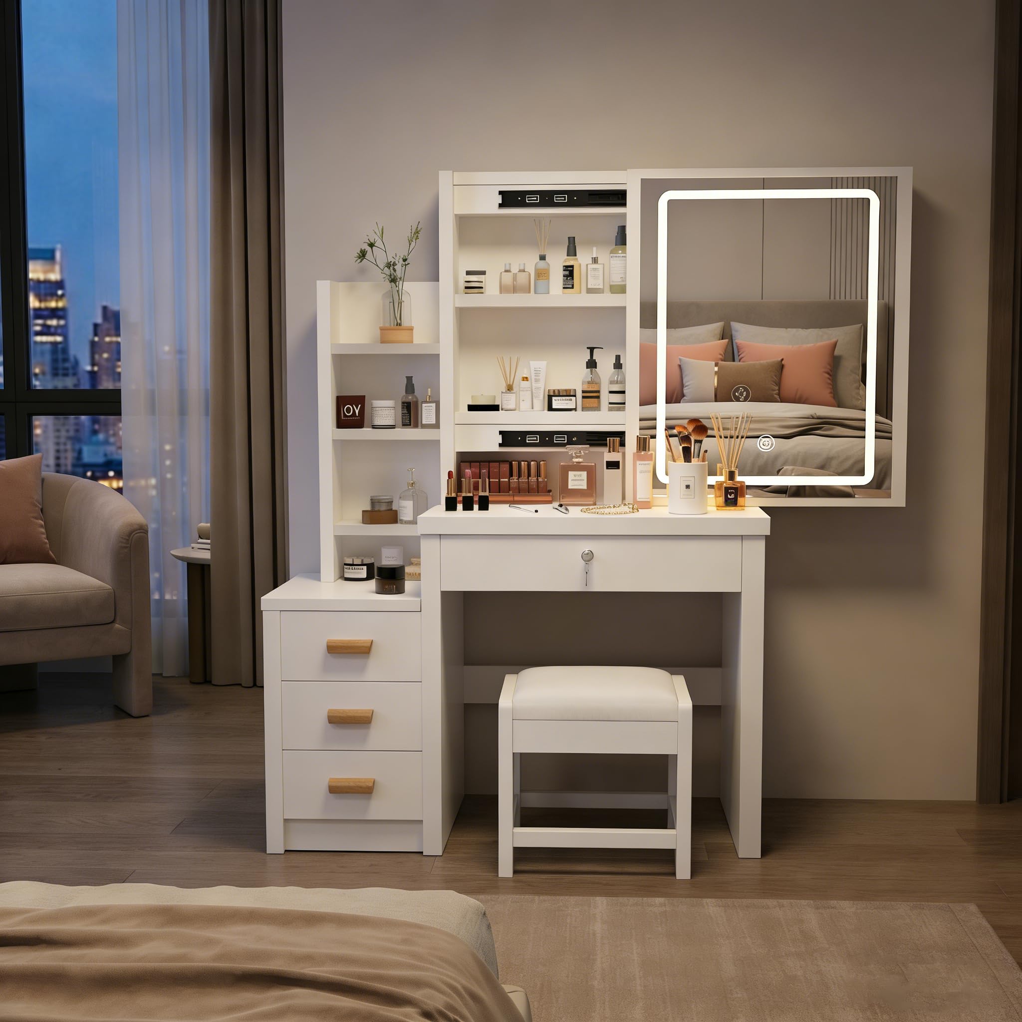 Coiffeuse avec éclairage LED, Miroir et luminosité réglable, Coiffeuse avec Tabouret, 4 tiroirs et 7 étagères, Coiffeuse Moderne, en Bois, Blanche 135 * 80 * 36cm