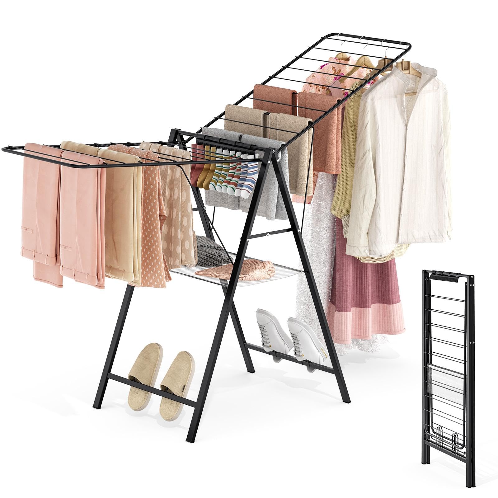 SYKIARIOL Clothes Drying Rack Foldable, Height Adjustable Clothes Airer, Metal Drying Rack Laundry, Portable Airers Clothes Indoor & Outdoor For Sweater (Black)