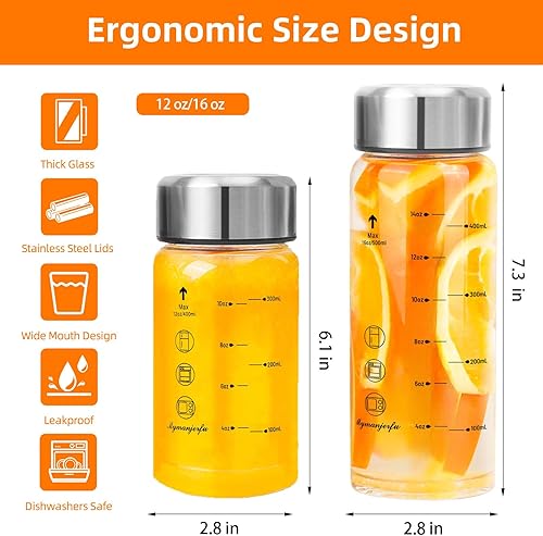 Miniatura 3 de Botellas de vidrio para jugo, paquete de 4 botellas de agua de vidrio de boca ancha con tapas, para jugos, licuados, leche, proteínas, sin BPA,