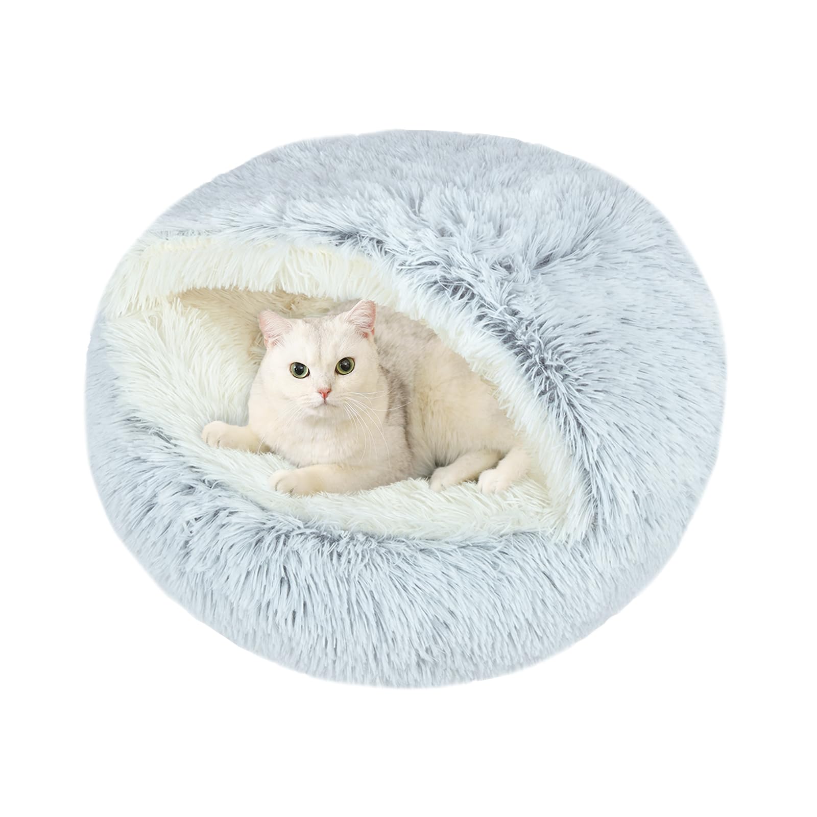 Round Plush Hooded Cat Bed, Fluffy Cozy Anti-Anxiety Dog Cave Beds for Puppy and Kitten, Gifts for Pet Lovers(20×20 inch, Grey)