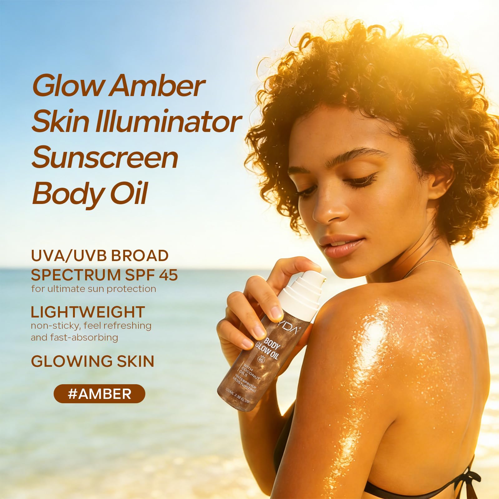 KYDA Body Glow Oil, olio ad ampio spettro SPF 45, crema solare, formula idratante con cocco, bagliore radiante, impermeabile, resistente al sudore, protezione UV, 3,38 fl.oz, oro (ambra)