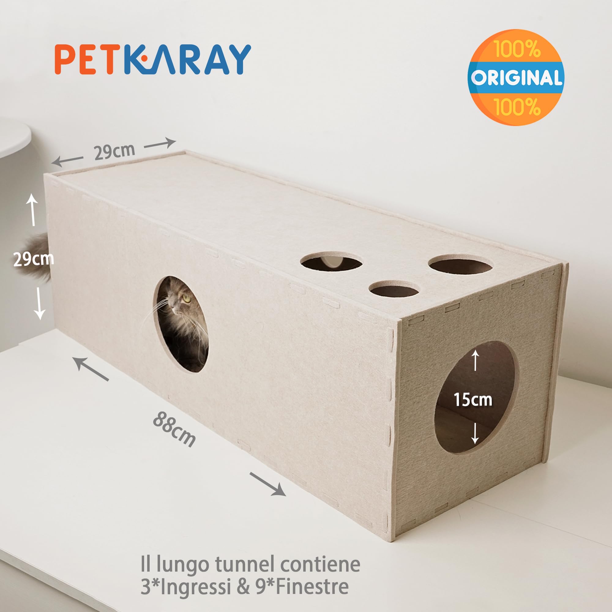 PETKARAY Tunnel per gatti, originale grotta per gatti da interni, grande tubo e tunnel per gattini, giocattolo per gatti in morbido feltro con foro interattivo