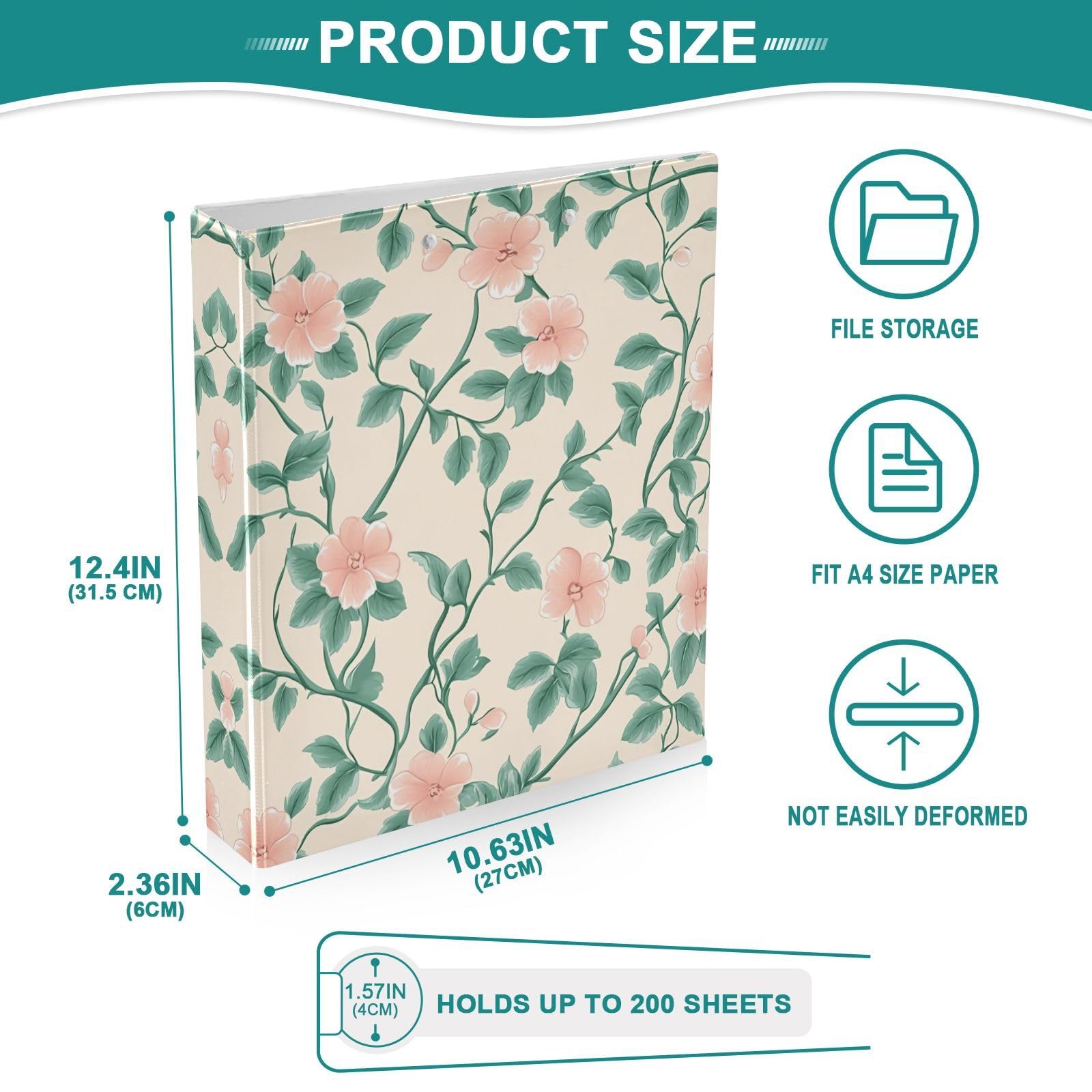 Raccoglitore ad anelli con 3 anelli, 3,8 cm, con rosa e foglia, con clip in metallo, organizer per casa e ufficio, confezione da 2