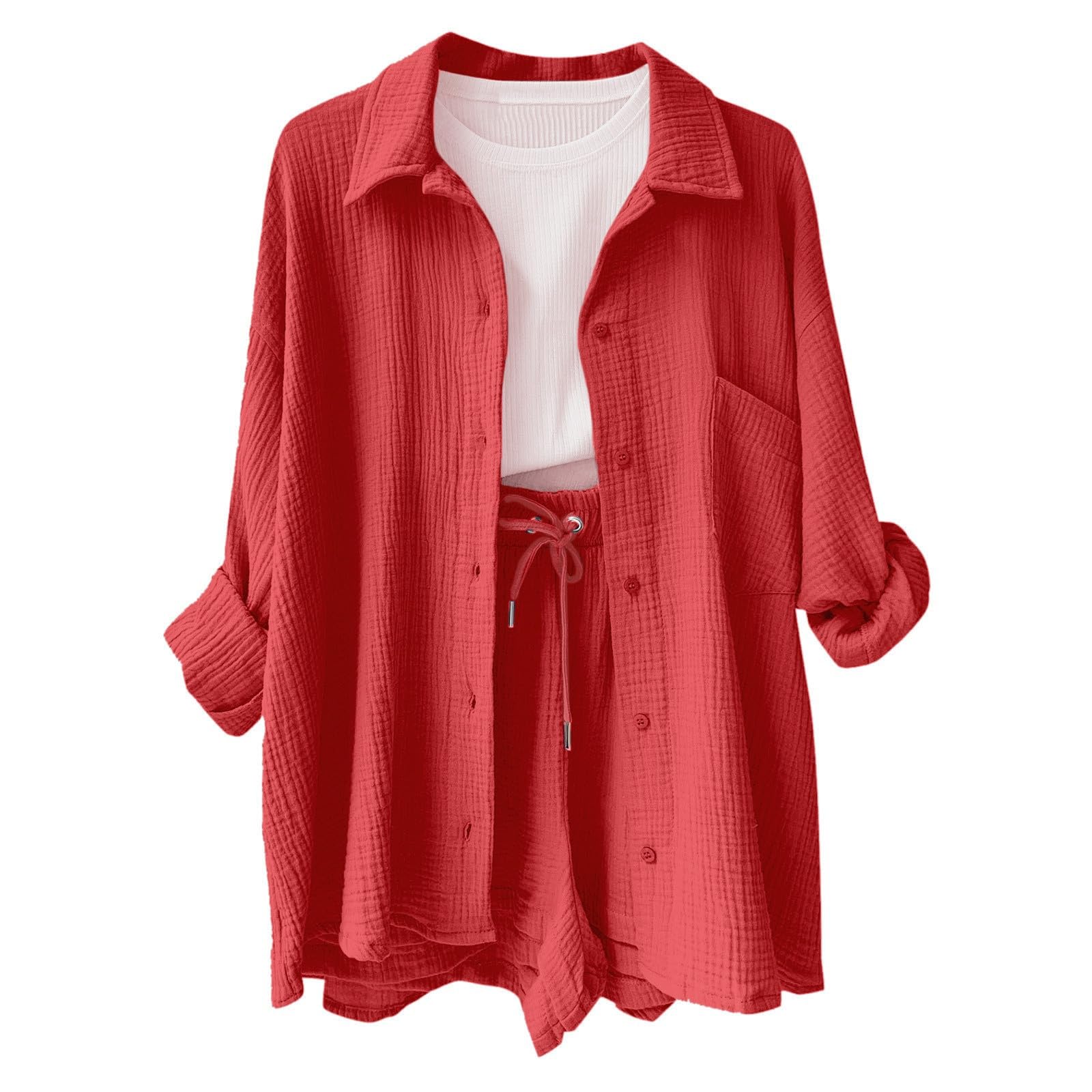 Generisch 2026 Chemisier élégant pour femme - Couleur unie - Plissé - Manches longues - Cordon de serrage haut - Grand ensemble de loisirs tendance