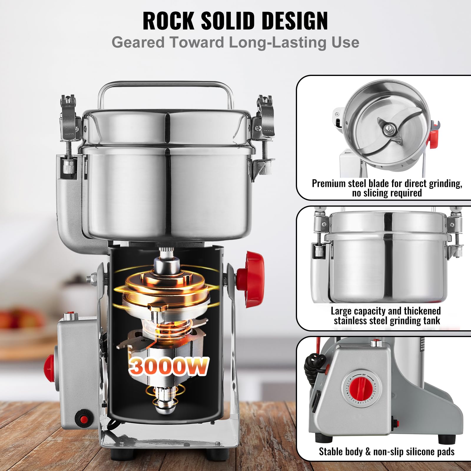 VEVOR 1000g Mulino Elettrico per Cereali, Macina Spezie Commerciale Alta Velocità 3000 W, Macchina Polverizzazione in Acciaio Inox, per Cereali Secchi, Spezie, Caffè, Mais, Pepe, Tipo Oscillante