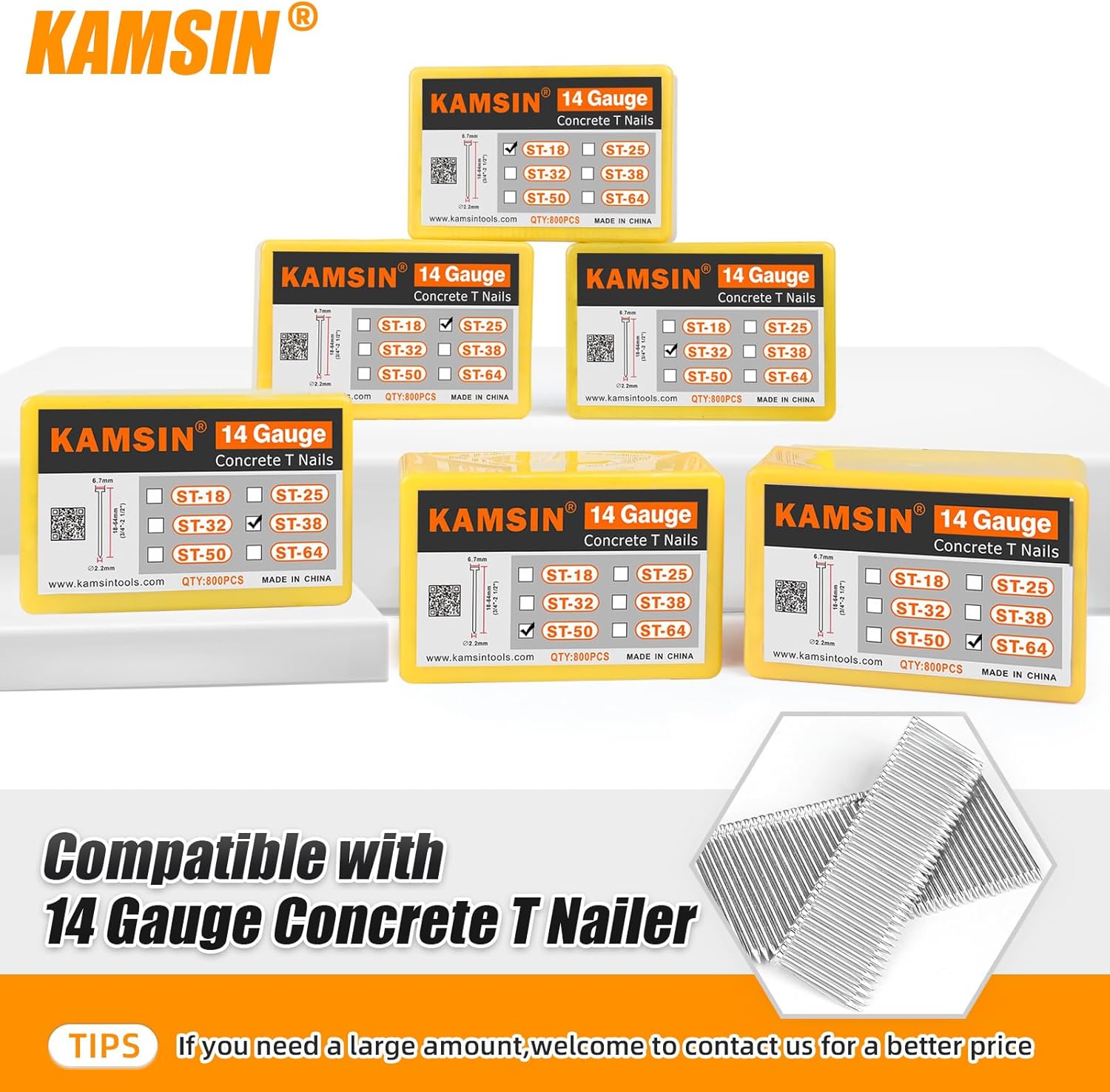 14 Gauge ST18 Concrete T Nails 800PCS/BOX, 3/4'' (18mm) with ST64 2-1/2"(64mm) 800PCS/BOX