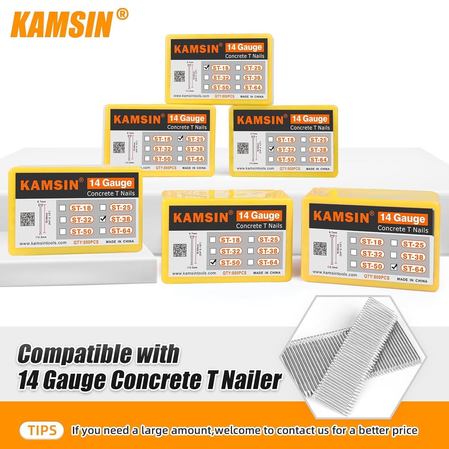 14 Gauge Concrete T Nails, 2 1/2'' (64MM) Length Collated Concrete T Nails, Galvanzied, 800 PCS/BOX, Fasteners for Pneumatic Concrete T Nailer, Air T Nail Gun