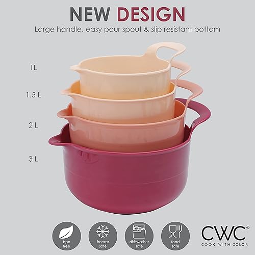 Vista 170 de COOK WITH COLOR Nesting - Juego de cuencos de plástico para mezclar con boquillas y asas, color rosa, 4 piezas antideslizantes