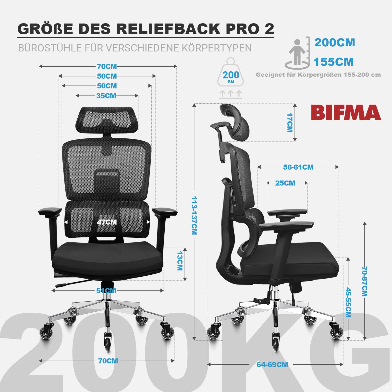 MELOKEA Bürostuhl Ergonomisch 200kg mit Verstellbarer Rückenlehne | Ergonomischer Schreibtischstuhl für große Menschen und langes Arbeiten mit Lendenstütze, 4D-Armlehnen, Sitztiefe Verstellbar