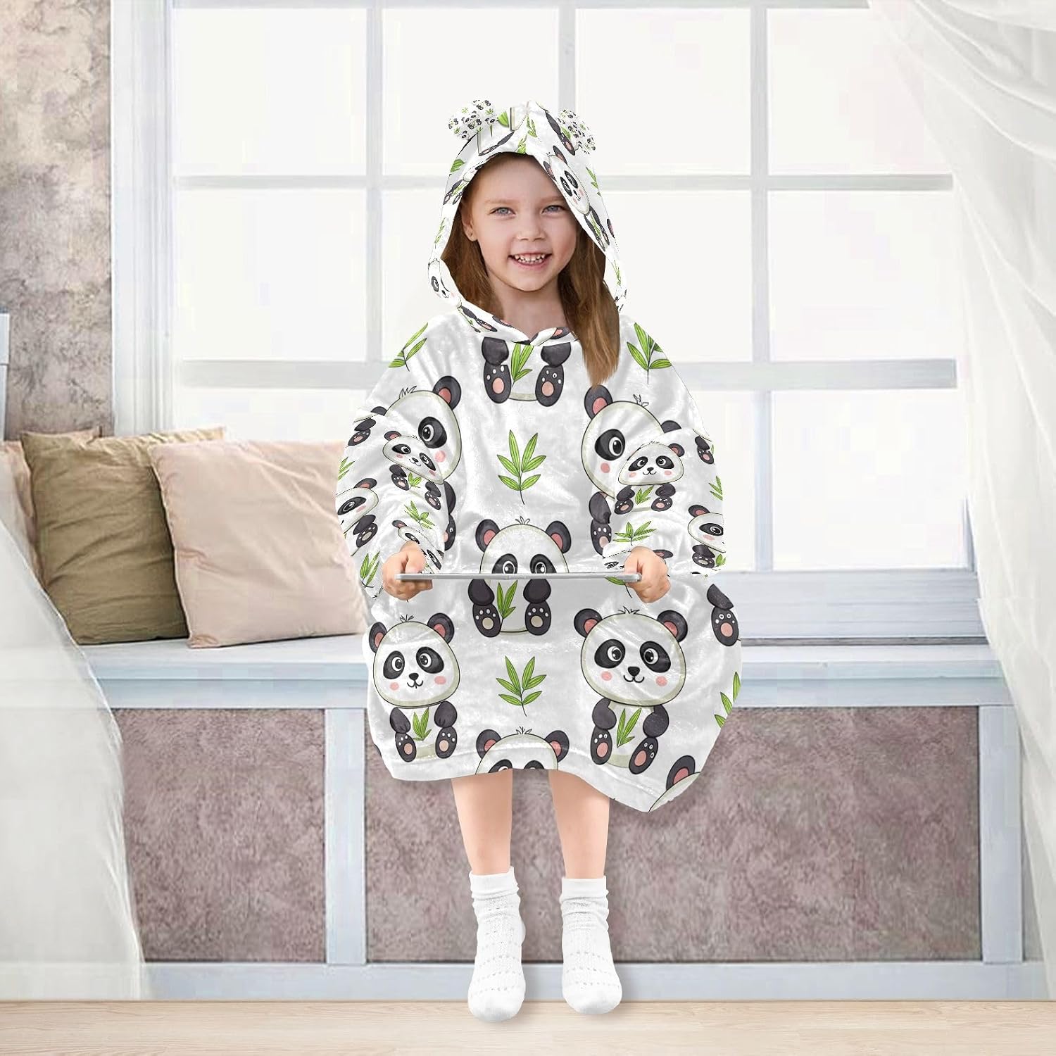 Kigai Cute Panda Wearable Blanket Hoodie for Kids Oversized Hooded Blanket Warm & Cozy Sweatshirt with Pockets