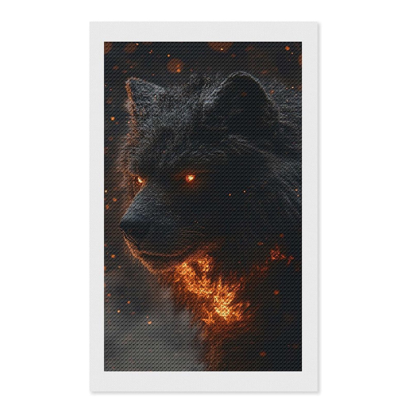 Junmoney Fiery Wolf with Glowing Eyes Diamond Painting Canvas Set 12"x20", Boho Decor, for Craft Lovers, Easy Handmade Project, Holiday Gift Idea