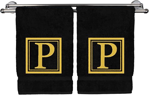 Miniatura 78 de Monogrammed Hand Towel, 16 x 30 Inches Set of 2, Personalized Gift- White Letter Embroidered with Square Design on Black Towel - Extra Absorbent