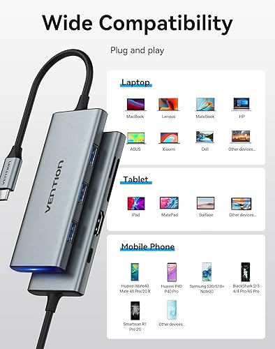 Miniatura 9 de VENTION Hub USB C para MacBook Pro, adaptador multipuerto USB C 7 en 1 con puertos HDMI 4k 100W PD USB 3.0 SDTF, USB C Dock compatible con MacBook