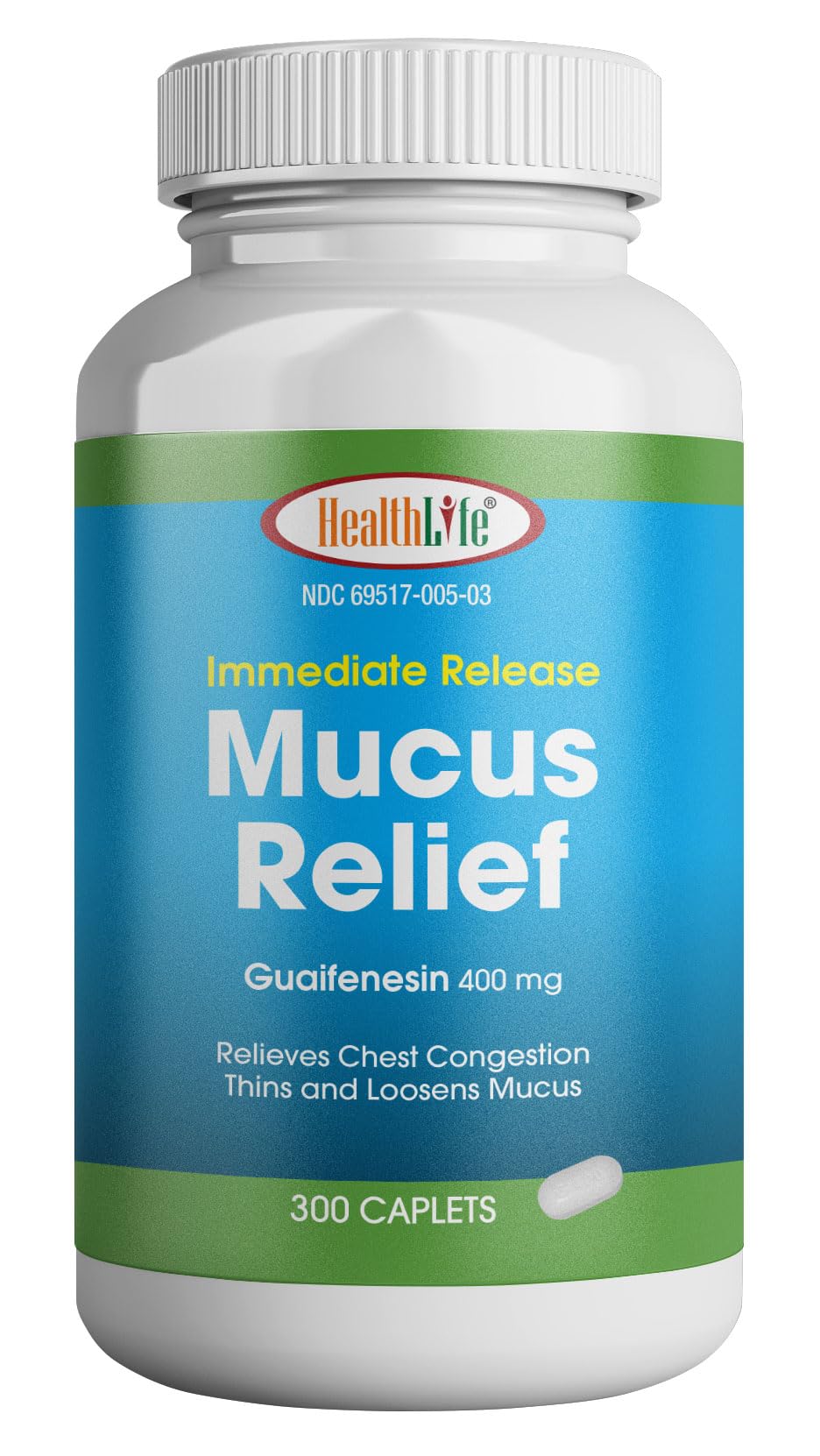 HEALTH LFE HealthLife® Mucus Relief Guaifenesin Caplets 400 mg, Immediate Release (300 Count) Fast Acting Expectorant, Thin and Loosens Mucus, Relieves Chest Congestion, Cough, Cold and Flu