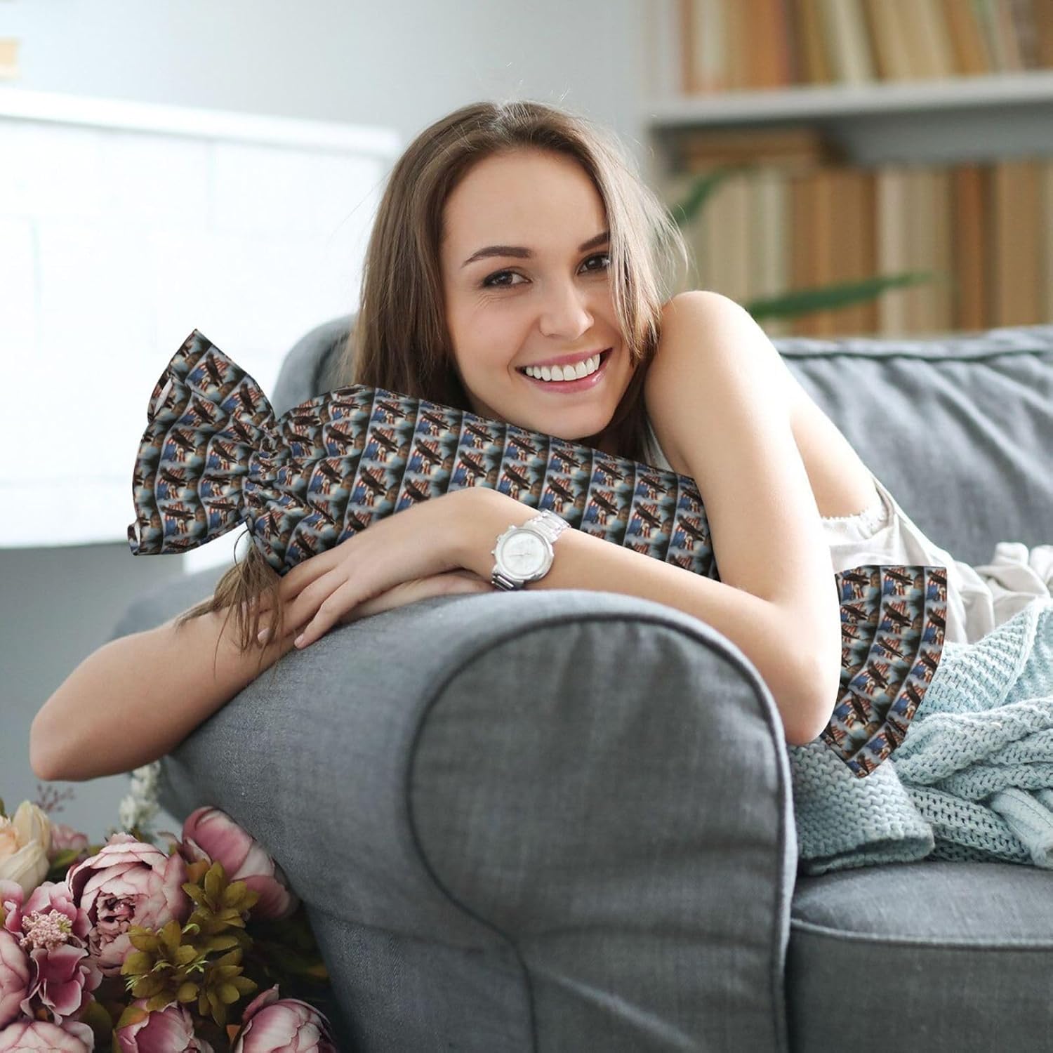 Eagle with American Flag Print Candy Cylindrical Eco-Friendly Pillow Soft Velvet Living Room Bedroom Travel Decor