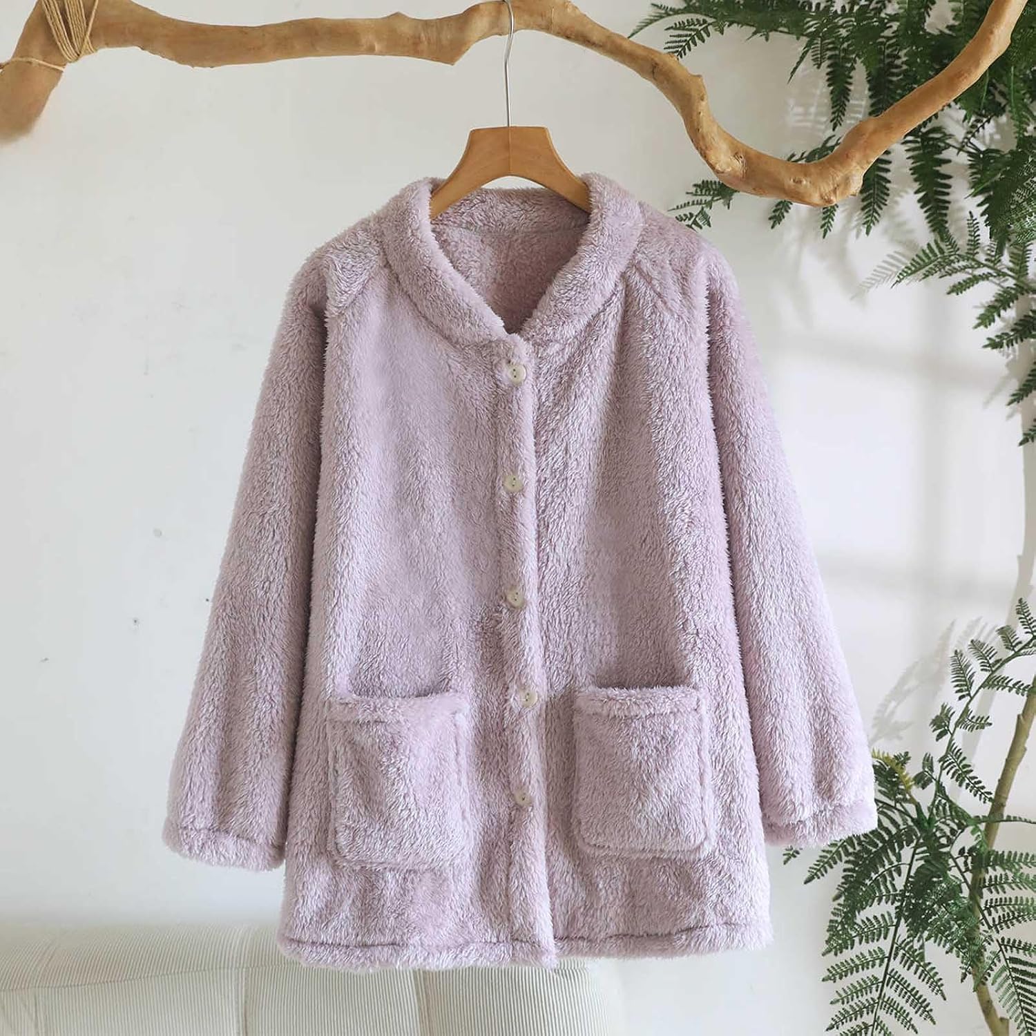 Oplxuo Plush Bed Jackets for Elderly Women Cozy Fuzzy Fleece Pajama Tops Button Up Sleepwear Long Sleeve Coats with Pockets