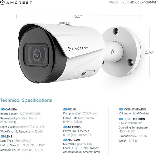 Miniatura 5 de Sistema de cámara de seguridad Amcrest 5MP, 4K 8CH PoE NVR, (4) x 5-Megapíxel Lente Gran Angular de 0.110in Resistente a la intemperie Metal Bullet