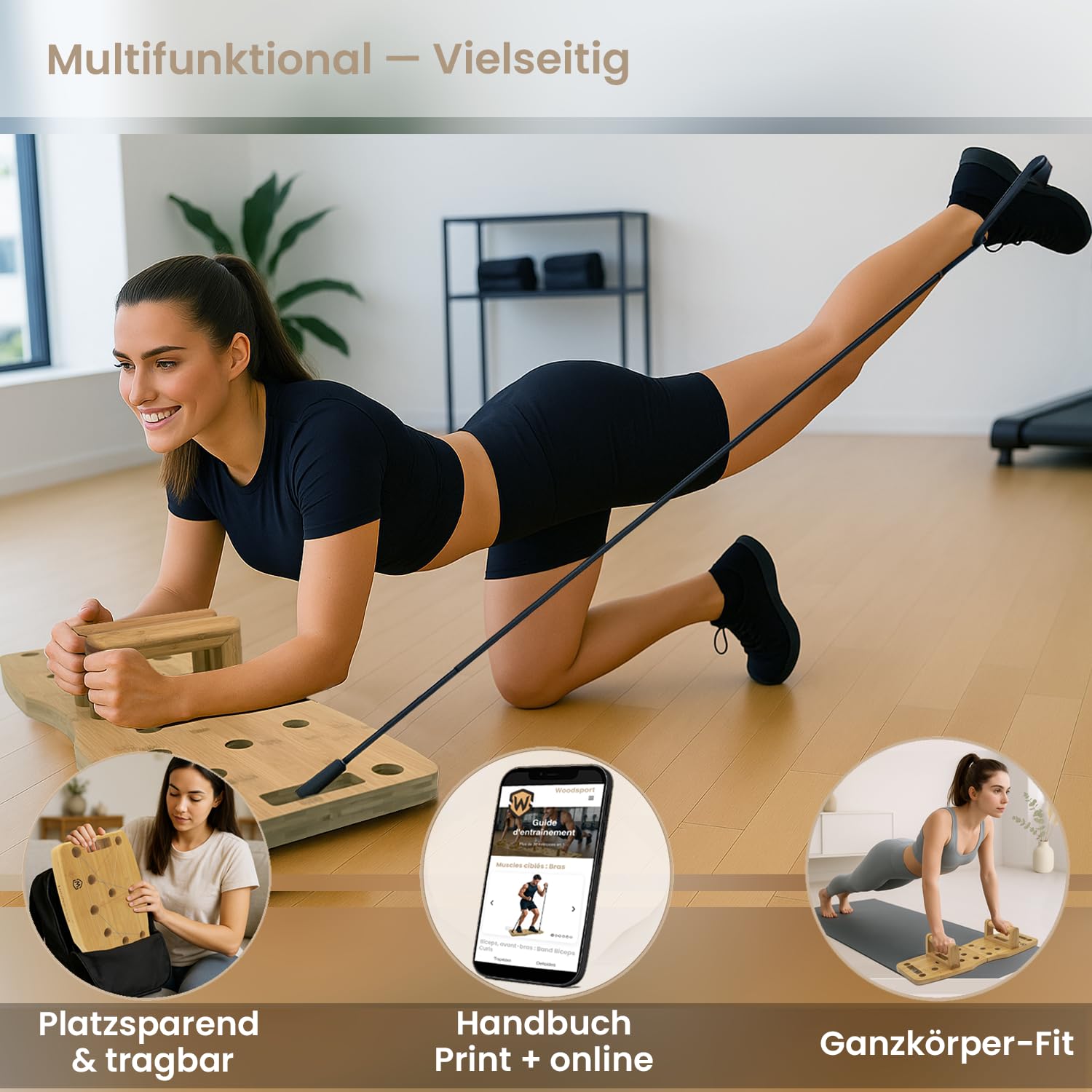 Pro – Liegestützbrett/Push up Board aus Bambus für Home gym – 81 cm Erwachsenengröße – Klappbares Fitnessgerät für Zuhause – inkl. Resistance Bands + 30-in-1 Trainingsguide