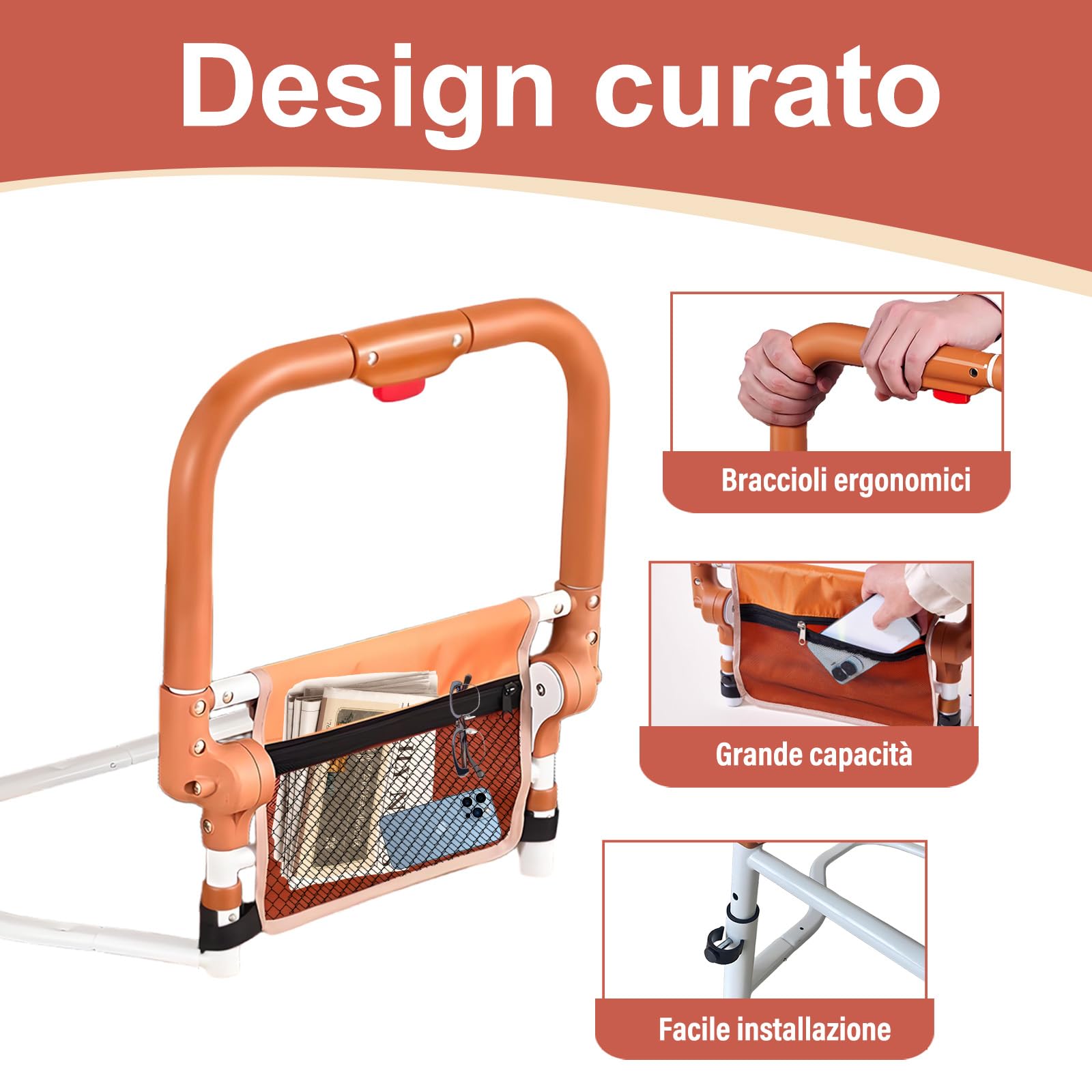 CYHWQ Sponda Letto Anziani Pieghevole, Ausili per Alzarsi dal Letto, con Tre Regolazioni in Altezza e una Tasca Portaoggetti, è Adatta ad Anziani, Persone con Mobilità Ridotta e Donne in Gravidanza