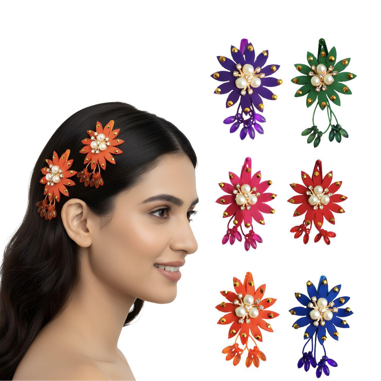 12 Pairs Hair Clips for Women & Girls | 6 Color Handmade Floral Snap Clips | Cotton Fabric Hair Accessories with Pearls & Beads | Strong Hold, Lightweight & Gift Ready