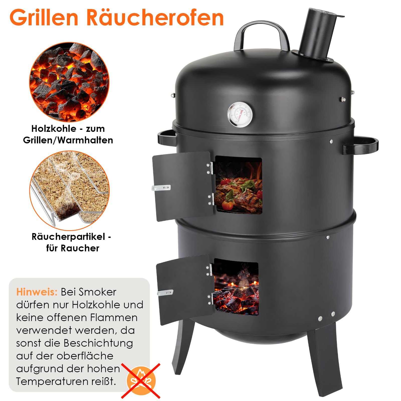 TLGREEN Fumoir 3 en 1, Smoker Fumoir avec Cheminée, Barbecue Charbon de Bois, avec Thermomètre, 2 Grilles Inox (φ 37,5 cm), 2 bol à eau en émail, Barbecue pour Fumer, Griller et Cuisiner