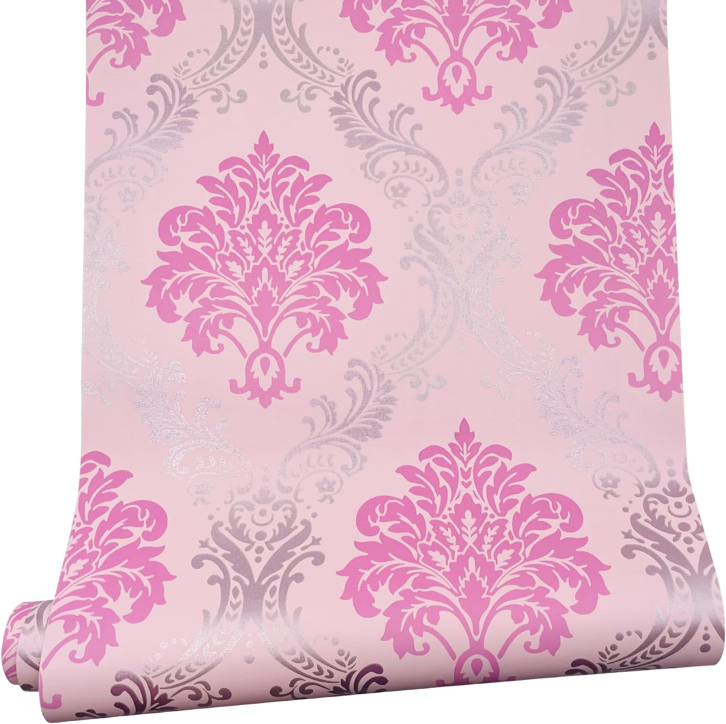 Damask Wallpaper 32.8 ft Roll Revamp Dining Table Storage Bins Wall Furniture Decor Paper Pink Shelf Dresser Liner (L-393x17.7 Inch)