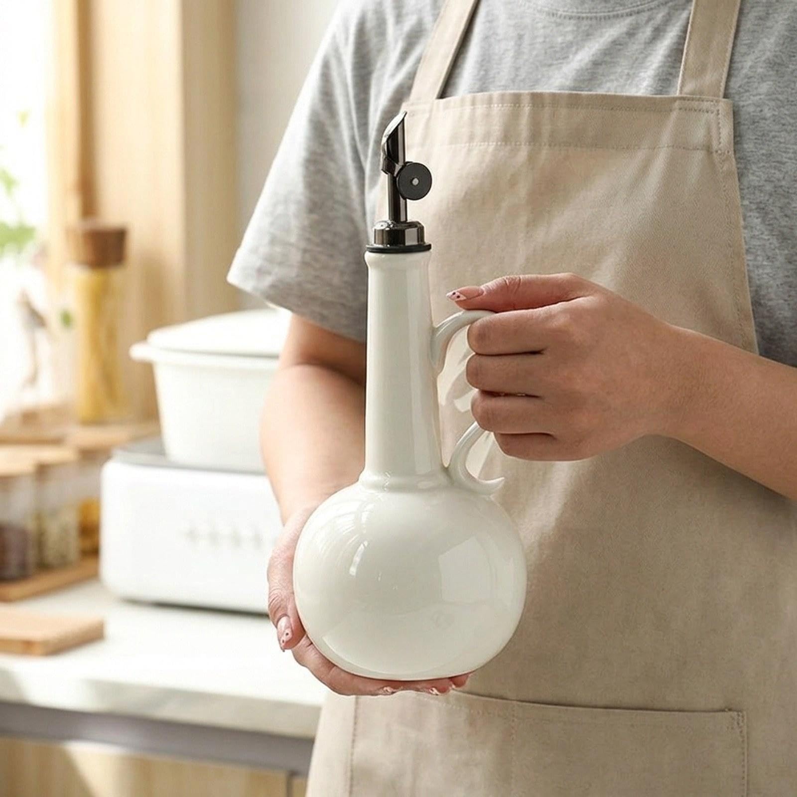 Botella Dispensadora de Aceite Vinagrera Manual Elaborada en Cerámica Contenedor para Cocina con Antiderrame Adecuada para Uso Doméstico Come, Blanco, Individual