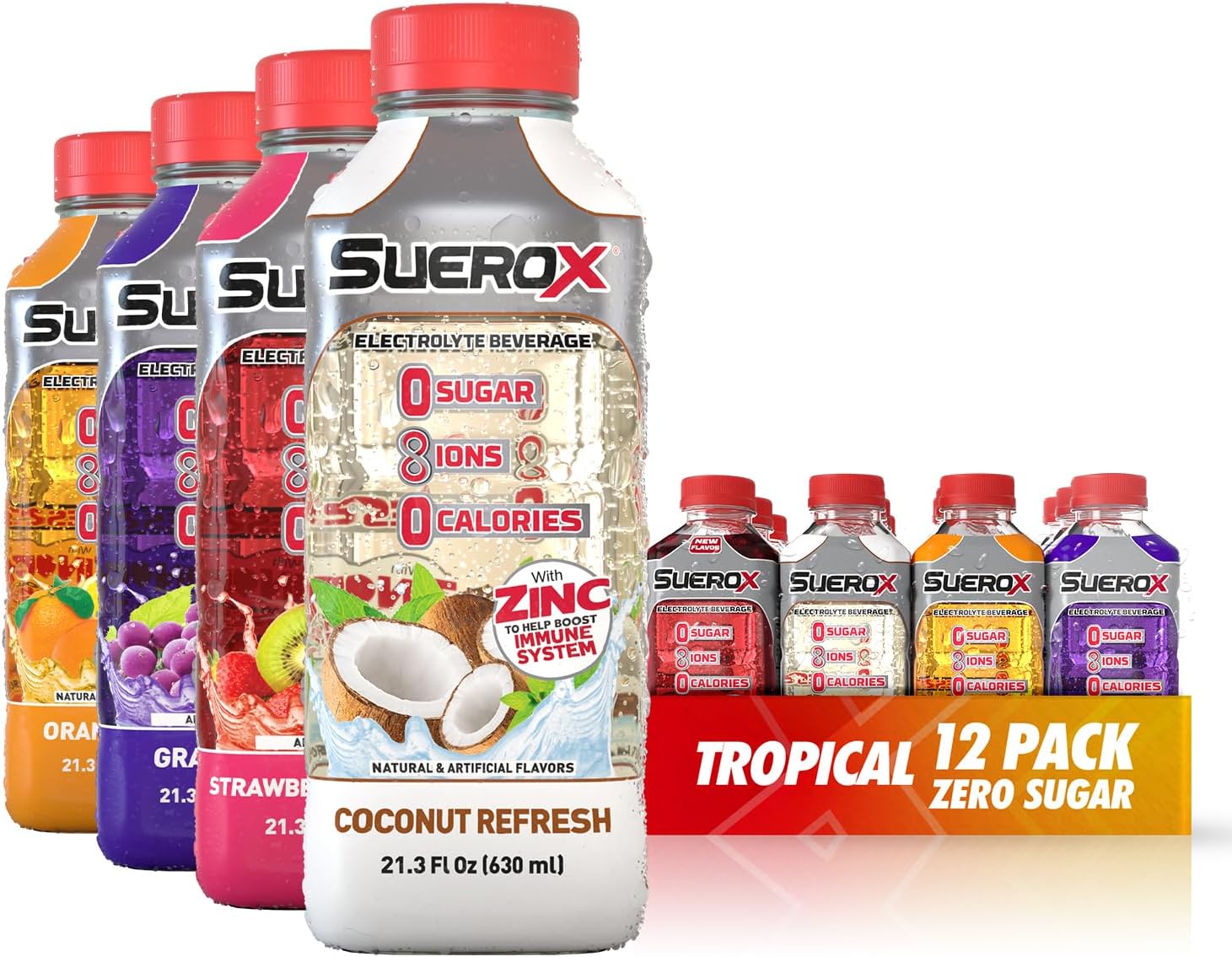 SueroX Sugar-Free Sports Drink for Hydration and Recovery, Electrolyte Hydration Drink with 8 Ions, Zero Calorie Sports Drinks with Electrolytes, Tropical Pack, 21.3 Fl Oz, 12 Count