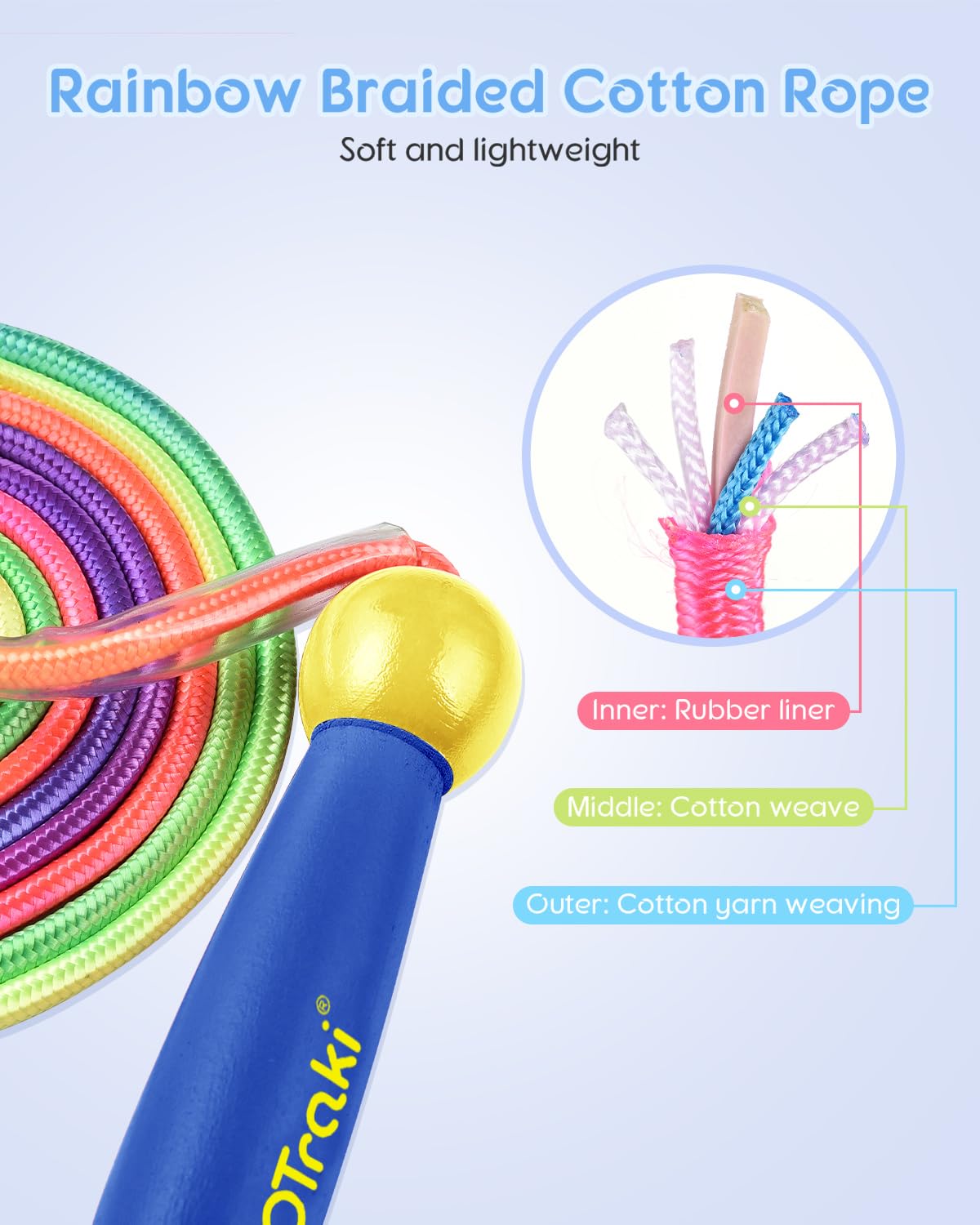 OTraki Rainbow Skipping Rope Kids, Adjustable Skipping Ropes for Children Wooden Handle Skipping Rope for Boys/Girls - Image 4