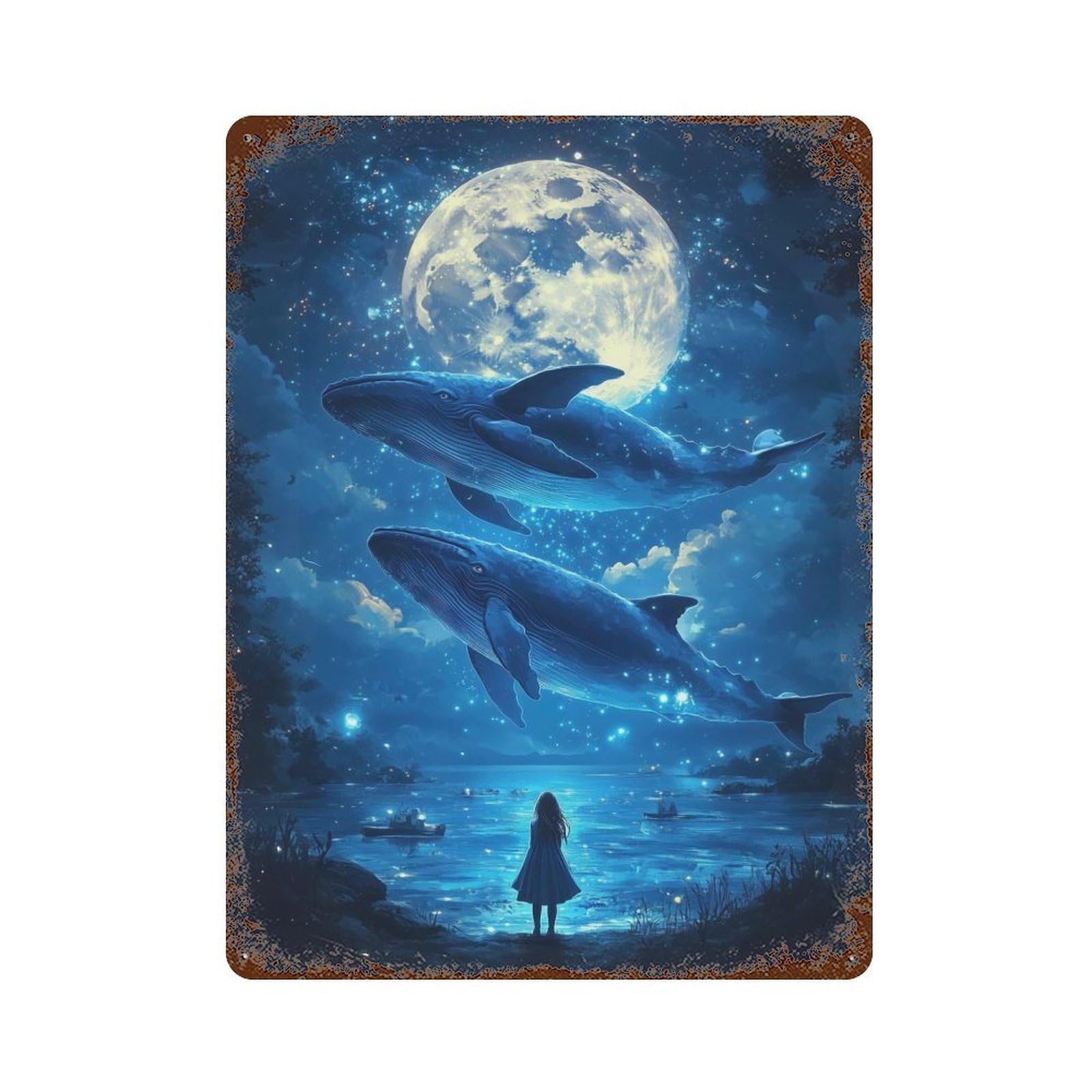 Decorative Tin Sign Girl Gazing at Whales 15.7"x11.8", Decorative Metal Wall Art for Garage, Bar And Workshop Decor