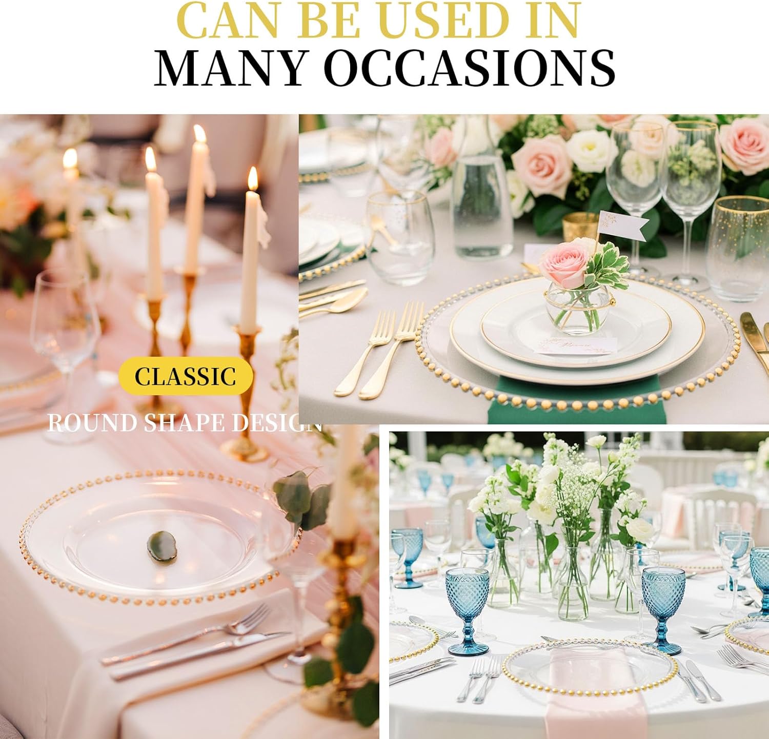 16 Pcs Clear Charger Plates with Beaded Rim 13 Inch Acrylic Gold Beaded Charger Plates Bulk for Wedding Party Dinner Birthday Table Events Decoration